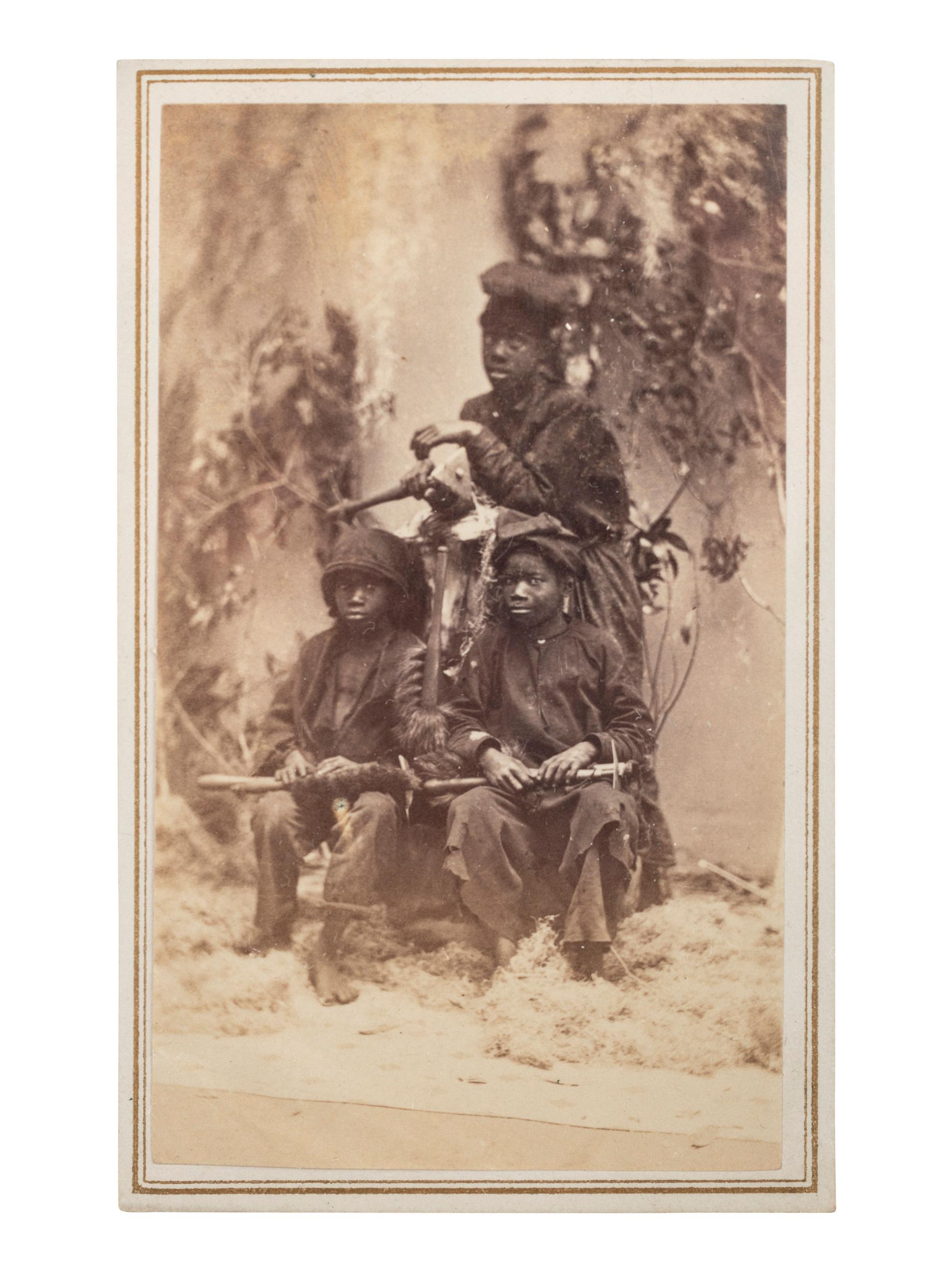 [PHOTOGRAPHY - OCCUPATIONAL]. CDV of 3 young chimney sweeps. Savannah, GA: J.N. Wilson, ca 1866-1876.