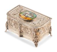 A German Silver and Enamel Singing Bird Automaton Box
