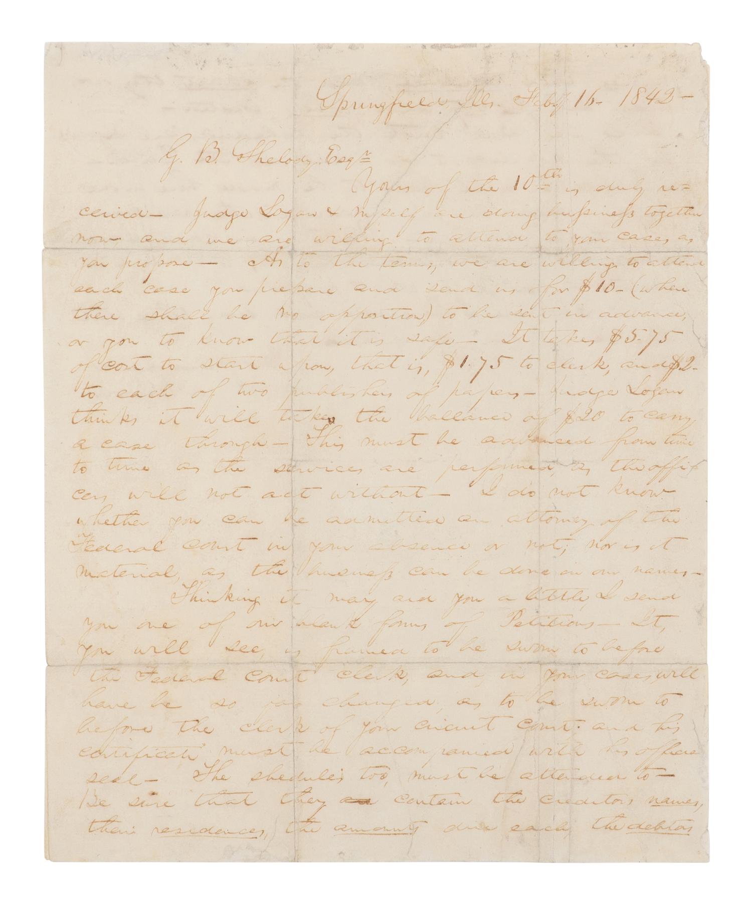 LINCOLN, Abraham (1809-1865). Autograph letter signed ("A. Lincoln") to Garland B. Shelody [sic Shelledy], Springfield, 16 February 1842.