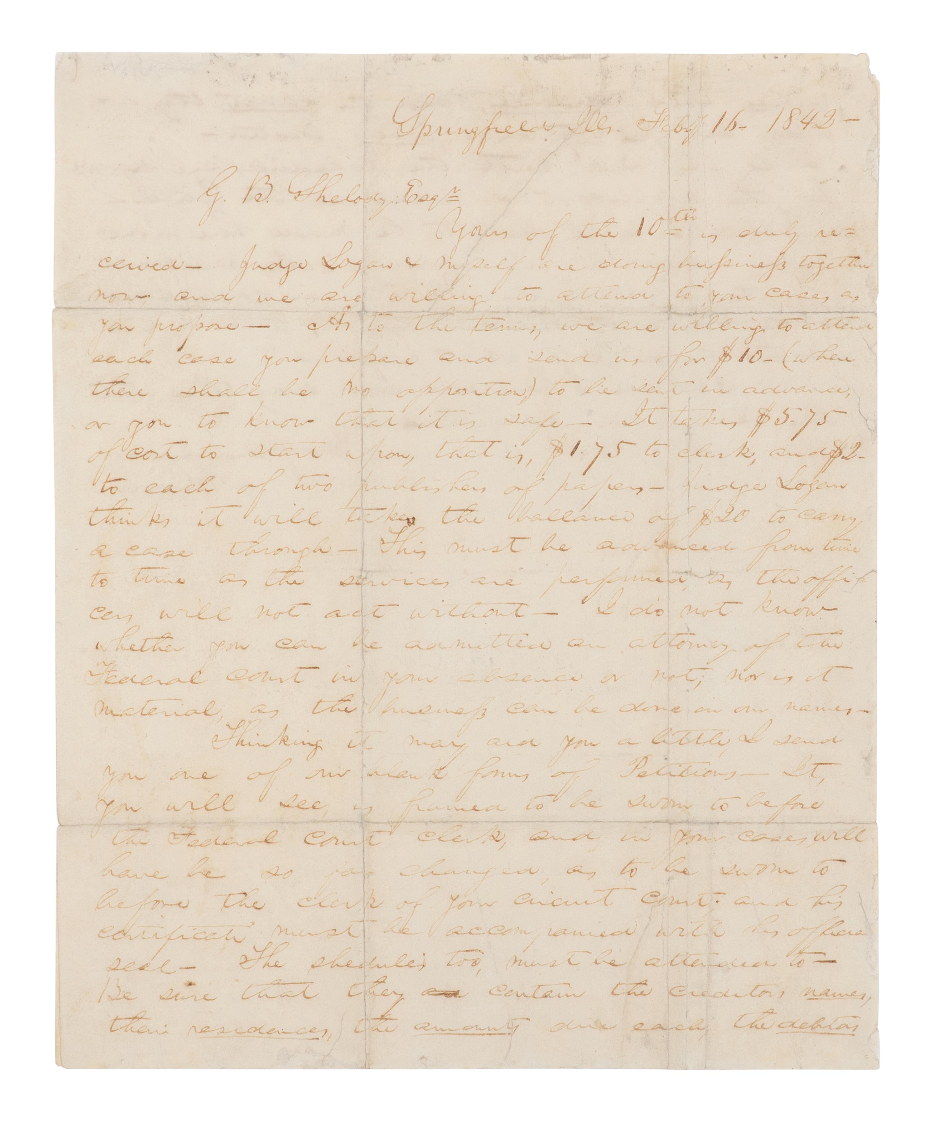 LINCOLN, Abraham (1809-1865). Autograph letter signed ("A. Lincoln") to Garland B. Shelody [sic Shelledy], Springfield, 16 February 1842.