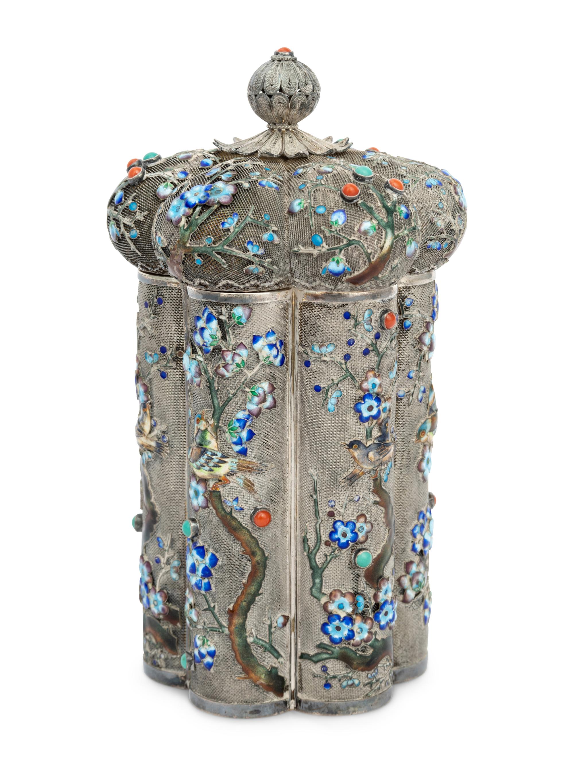 A Chinese Export Enameled Silver Tea Caddy