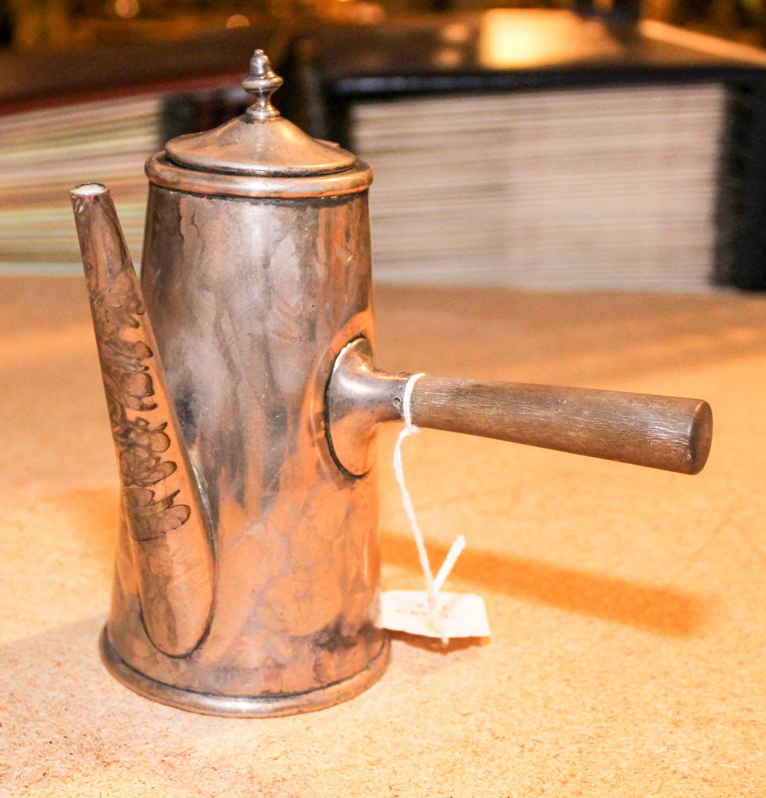 An American Silver Chocolate Pot, Richard Dimes Co., South Boston, MA, having an urn finial surmounting a tapering cylindrical body.