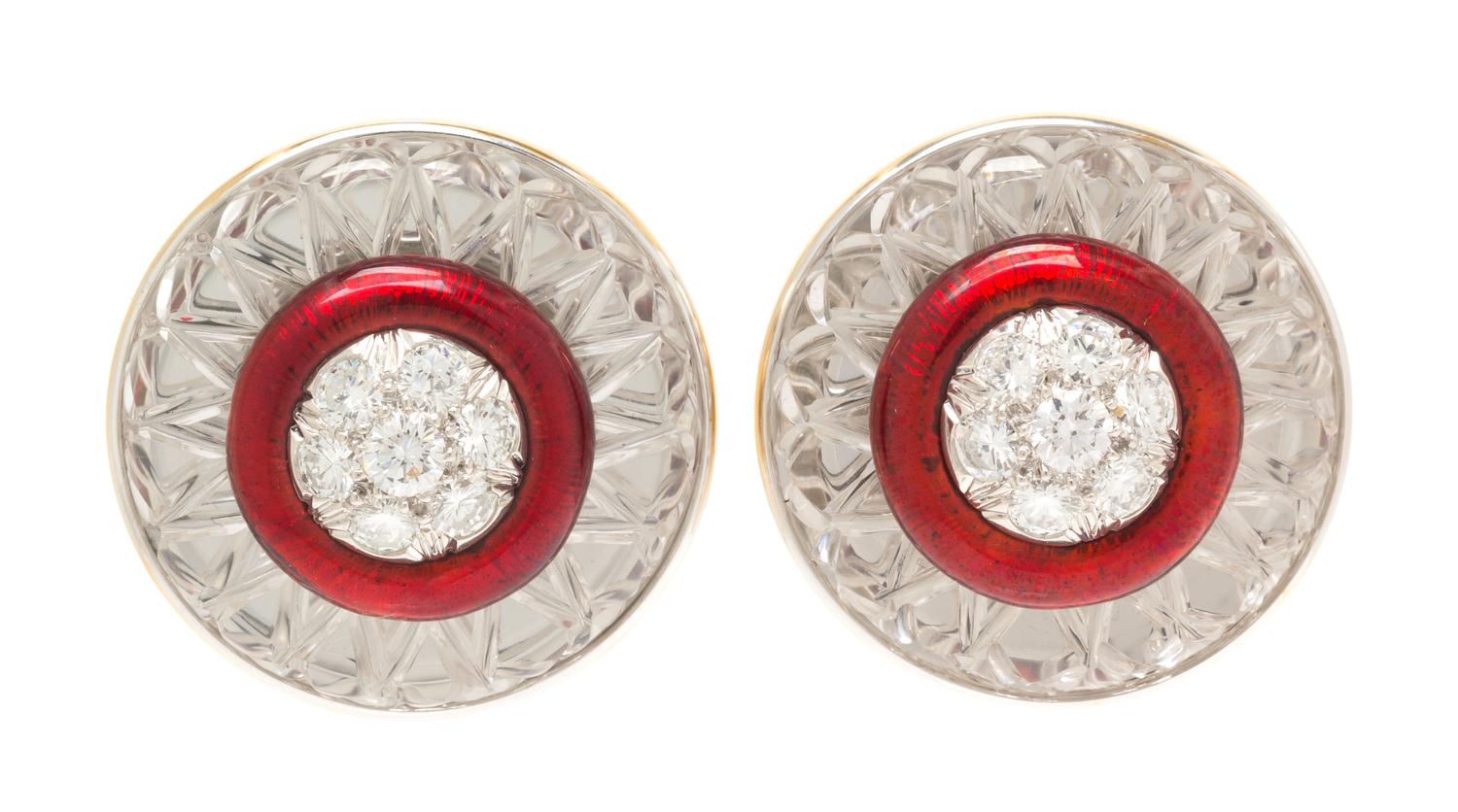 A Pair of 18 Karat Yellow Gold, Platinum, Rock Crystal, Diamond, and Enamel Earclips, David Webb, 24.20 dwts.