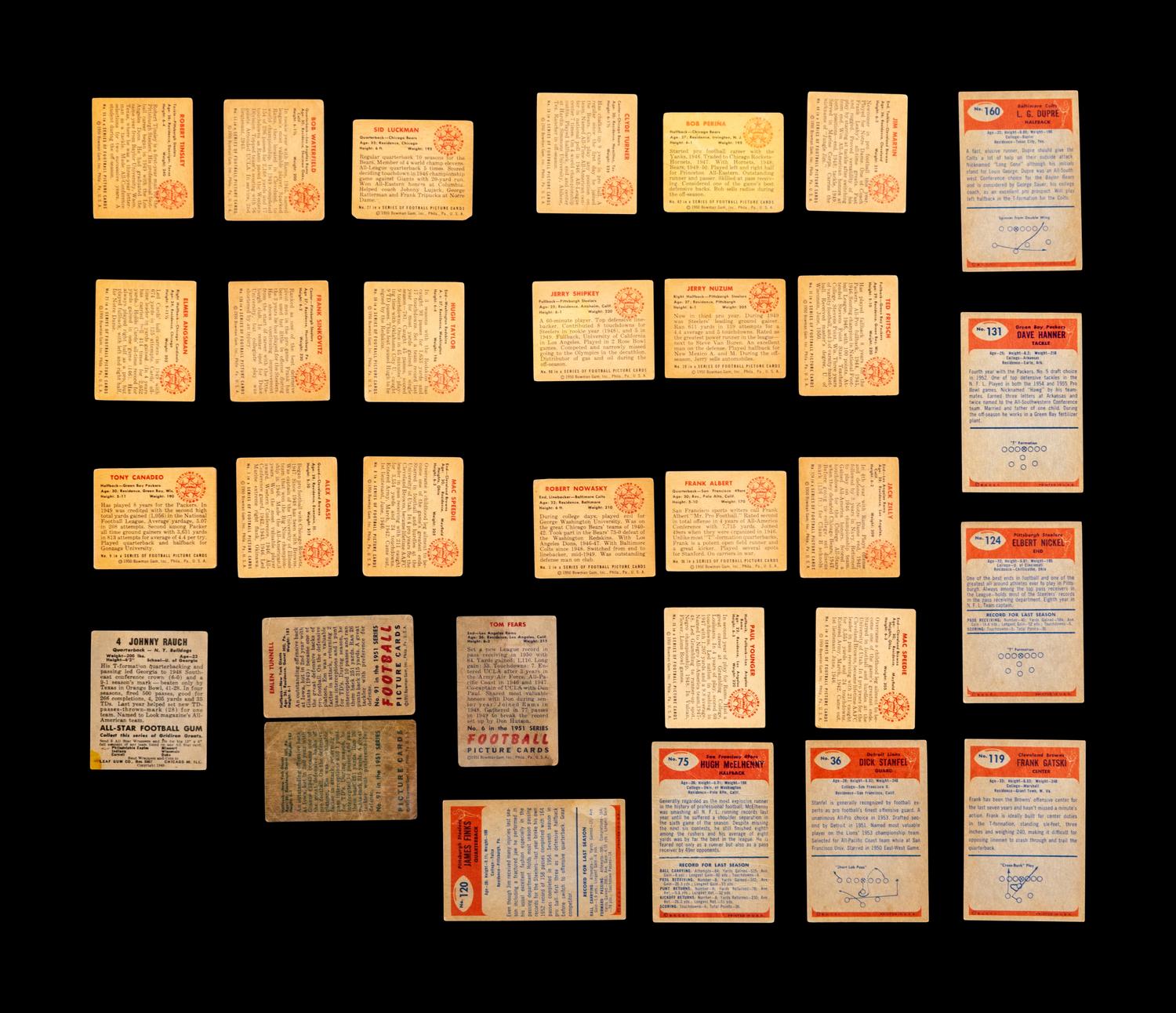 A Group of 31 Bowman and Leaf Post War Football Cards (Including Sid Luckman, Bob Waterfield and Clyde Bulldog Turner),