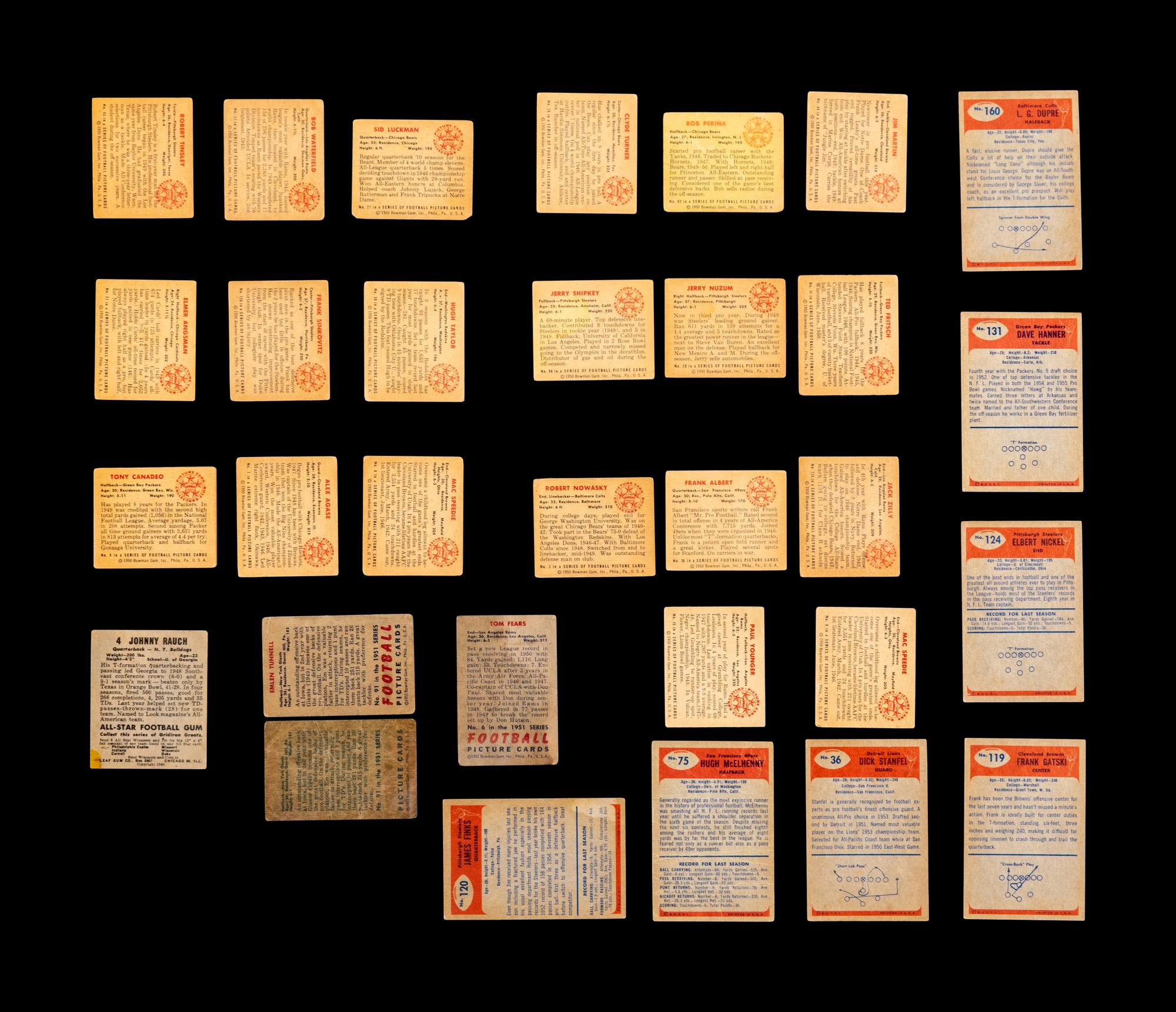 A Group of 31 Bowman and Leaf Post War Football Cards (Including Sid Luckman, Bob Waterfield and Clyde Bulldog Turner),