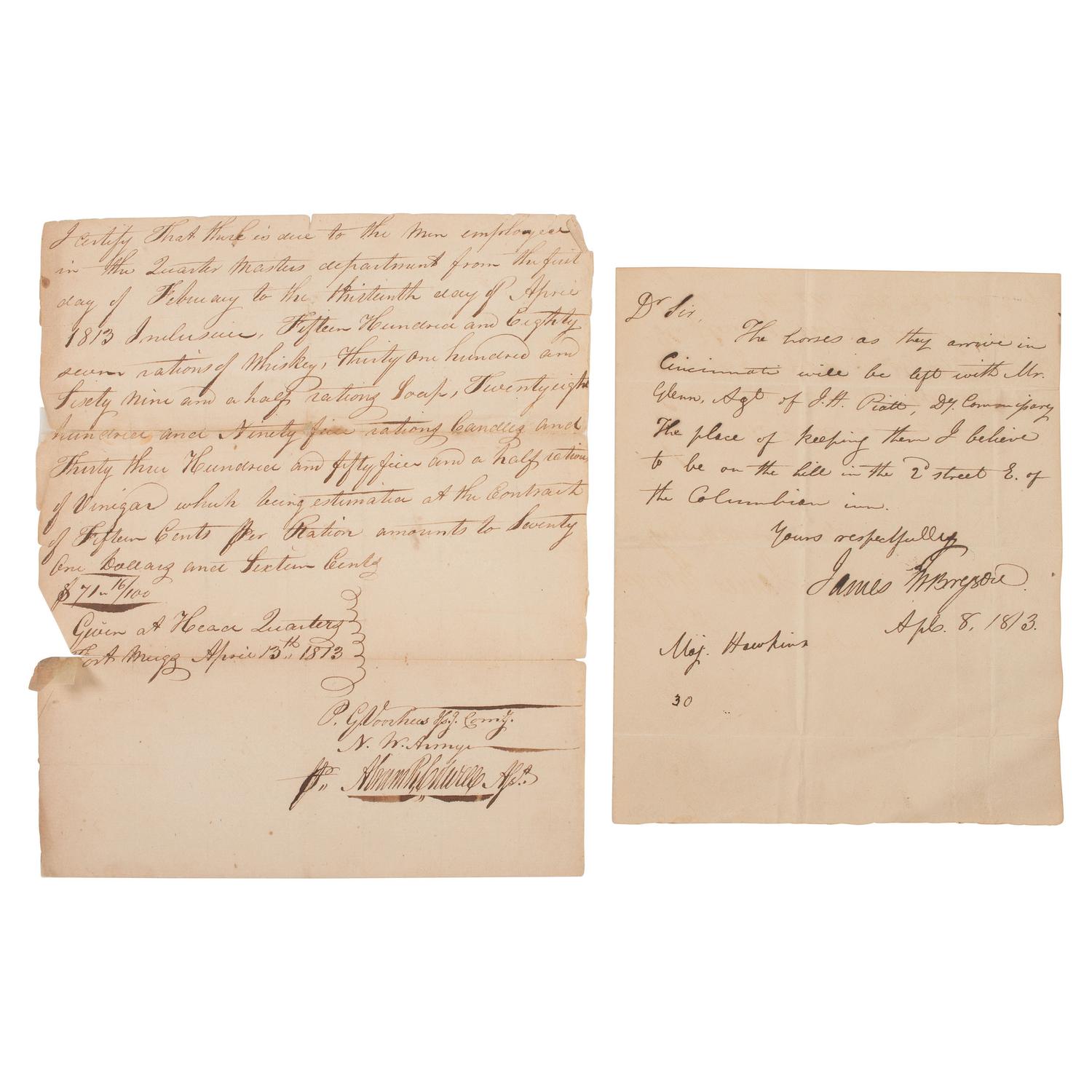[WAR OF 1812]. Two letters, incl. one related to rations at Fort Meigs prior to siege by the British.