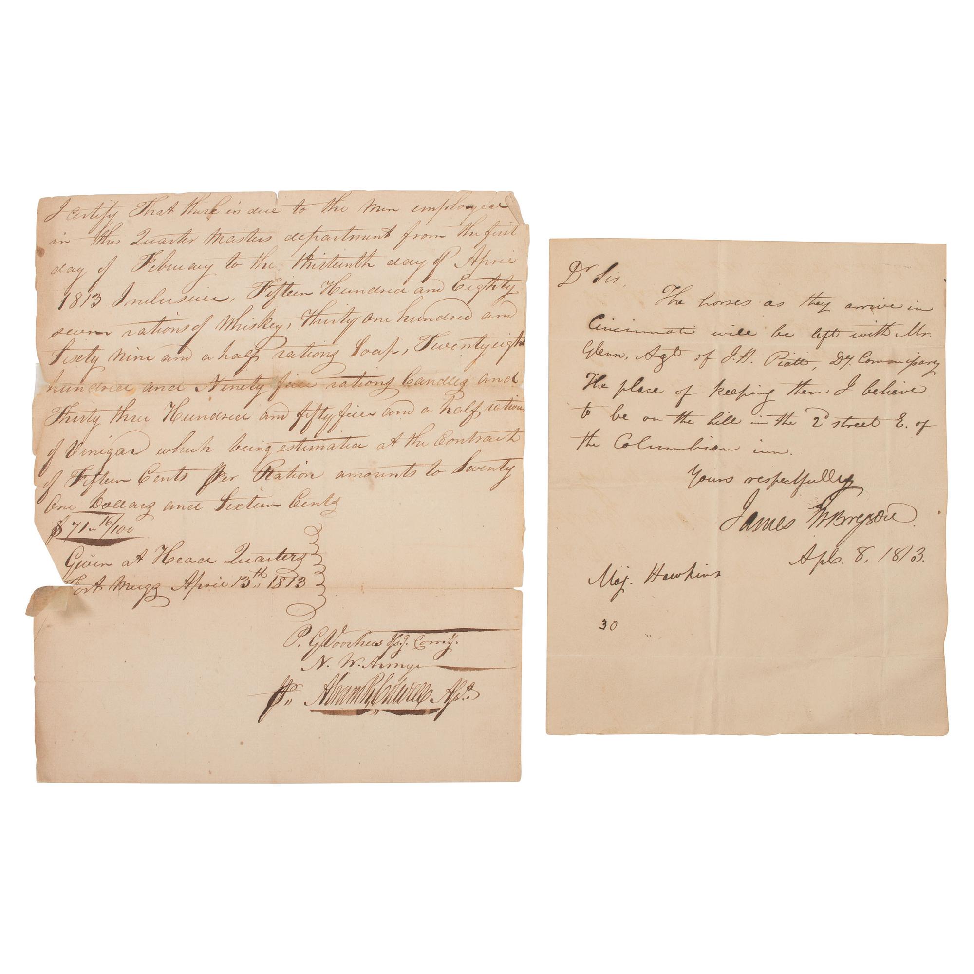 [WAR OF 1812]. Two letters, incl. one related to rations at Fort Meigs prior to siege by the British.