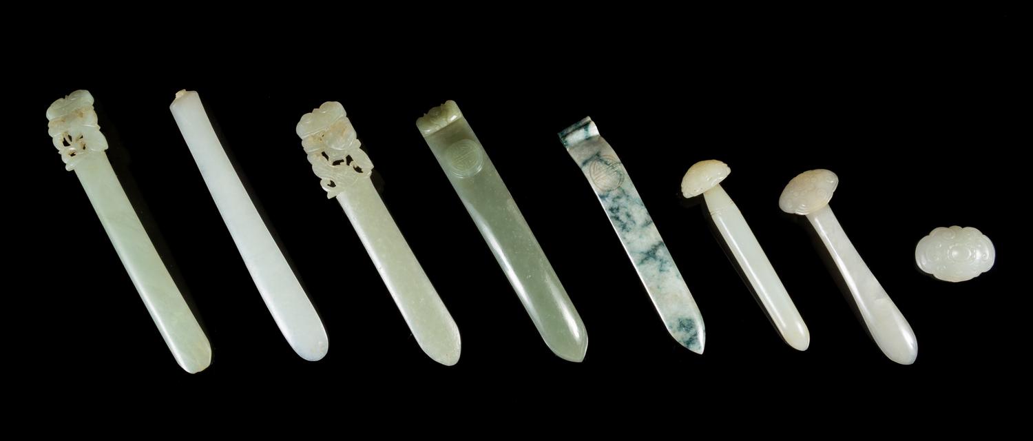 Seven Jade Hairpins Length of longest 5 inches.