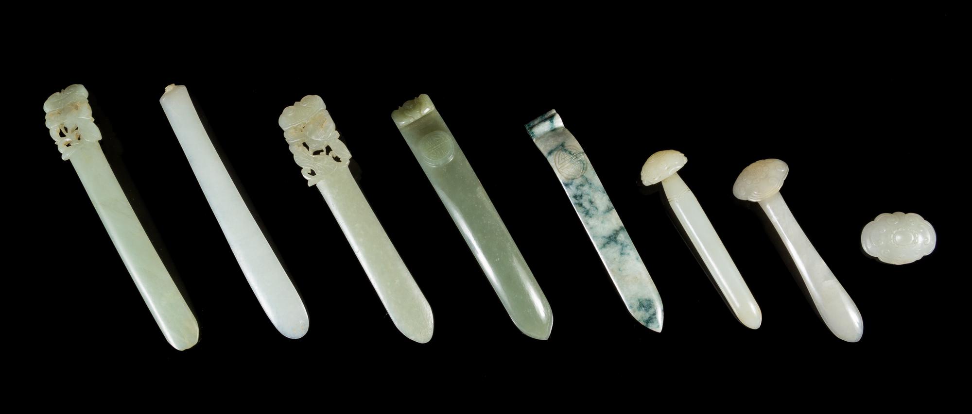 Seven Jade Hairpins Length of longest 5 inches.