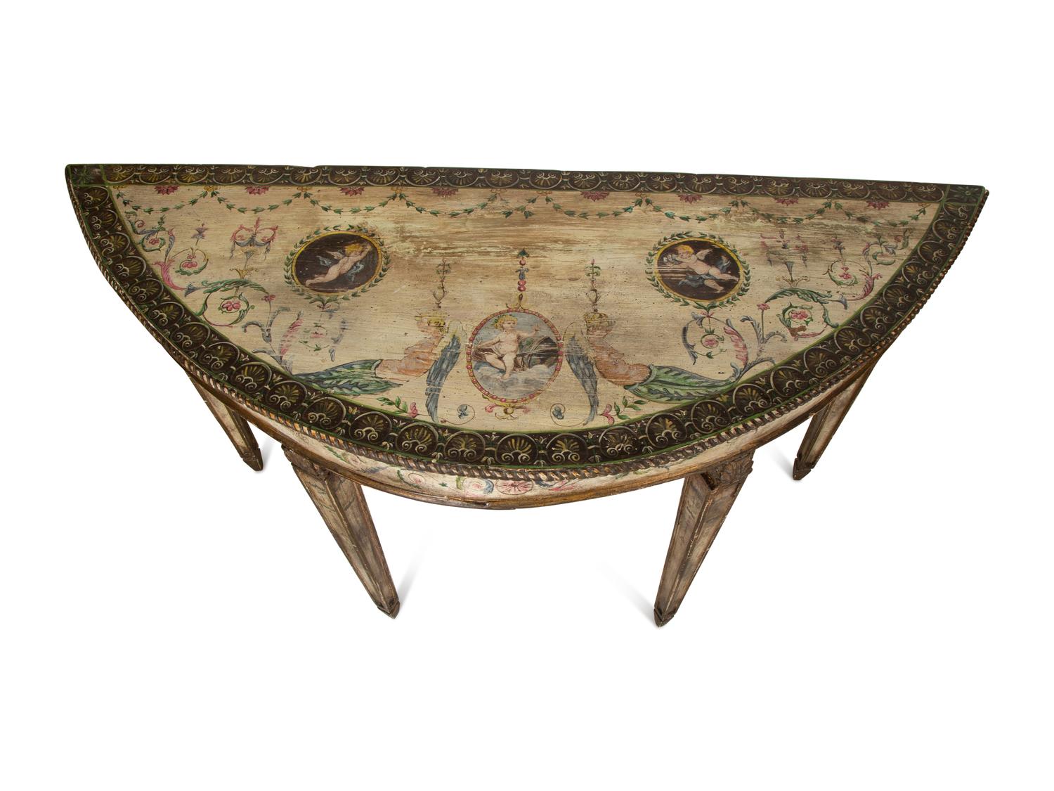 A Pair of Venetian Painted Demilune Console Tables