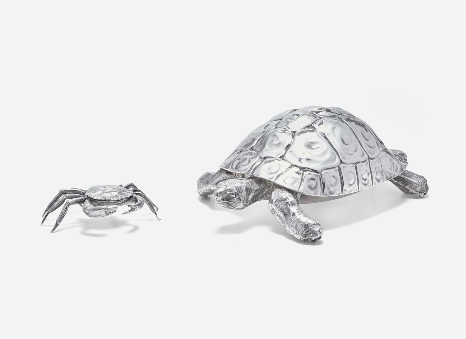 A sterling silver tortoise sculpture together with a silverplated crab, 20th century