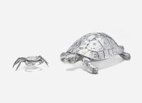 A sterling silver tortoise sculpture together with a silverplated crab, 20th century