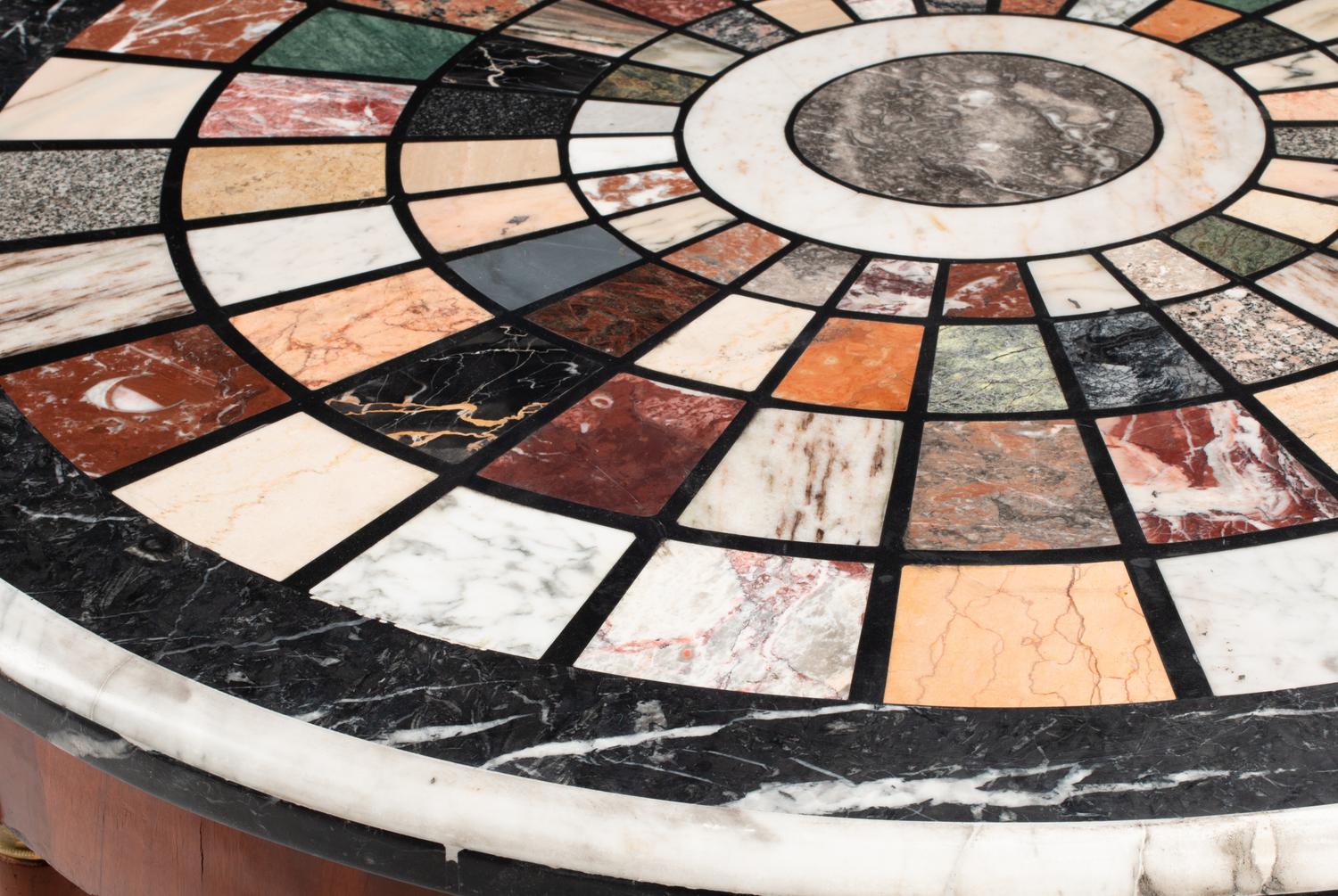 An Empire Style Gilt Bronze Mounted Mahogany and Specimen Marble Center Table