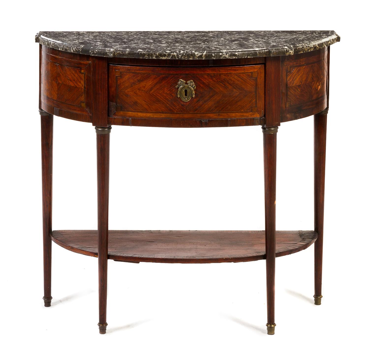 A Louis XVI Mahogany Console Dessert Table, Height 33 3/4 x width 36 3/4 x depth 14 3/4 inches.