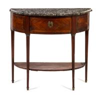A Louis XVI Mahogany Console Dessert Table, Height 33 3/4 x width 36 3/4 x depth 14 3/4 inches.
