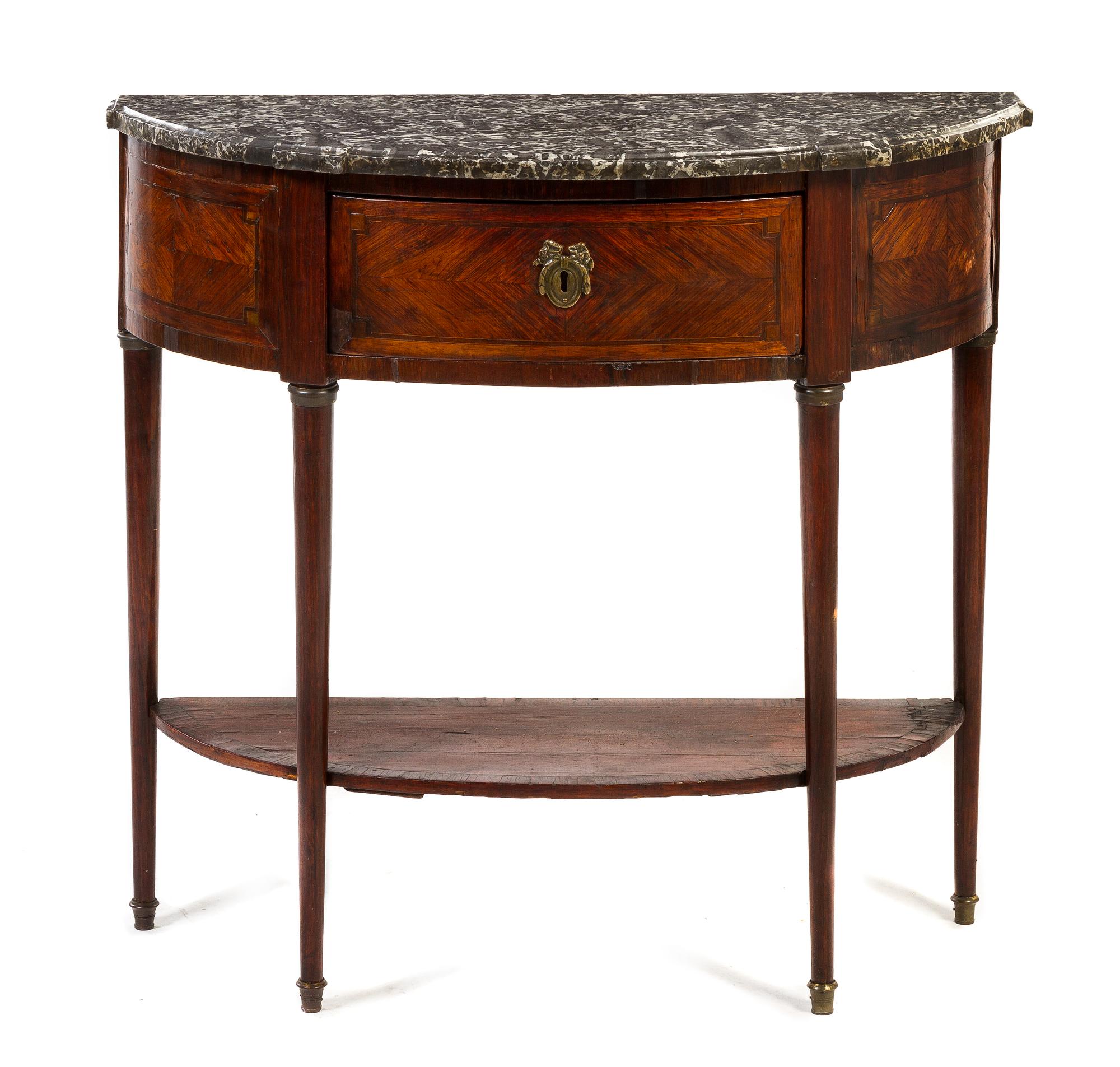 A Louis XVI Mahogany Console Dessert Table, Height 33 3/4 x width 36 3/4 x depth 14 3/4 inches.