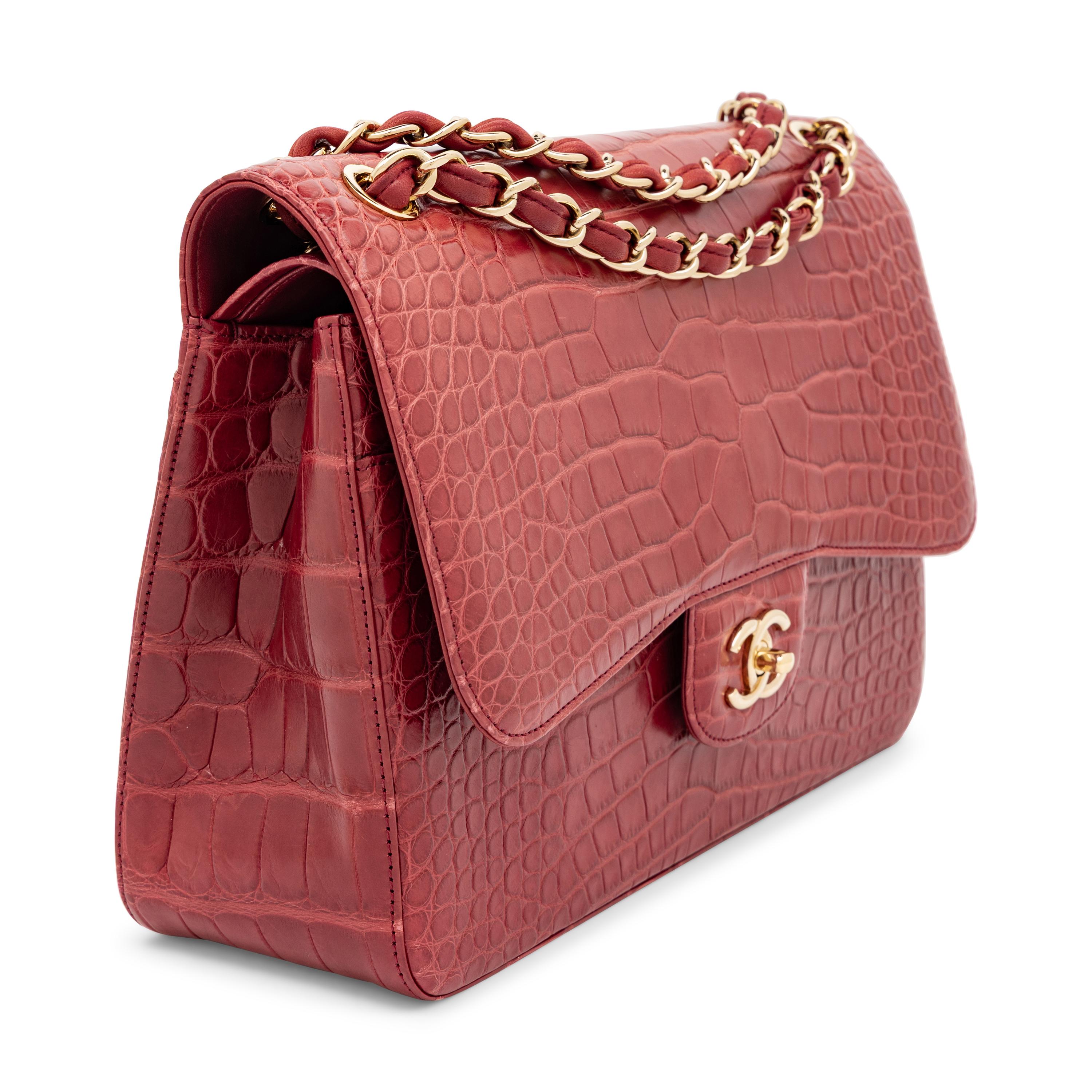 Chanel, Jumbo Classic Double Flap Bag in Burgundy Alligator
