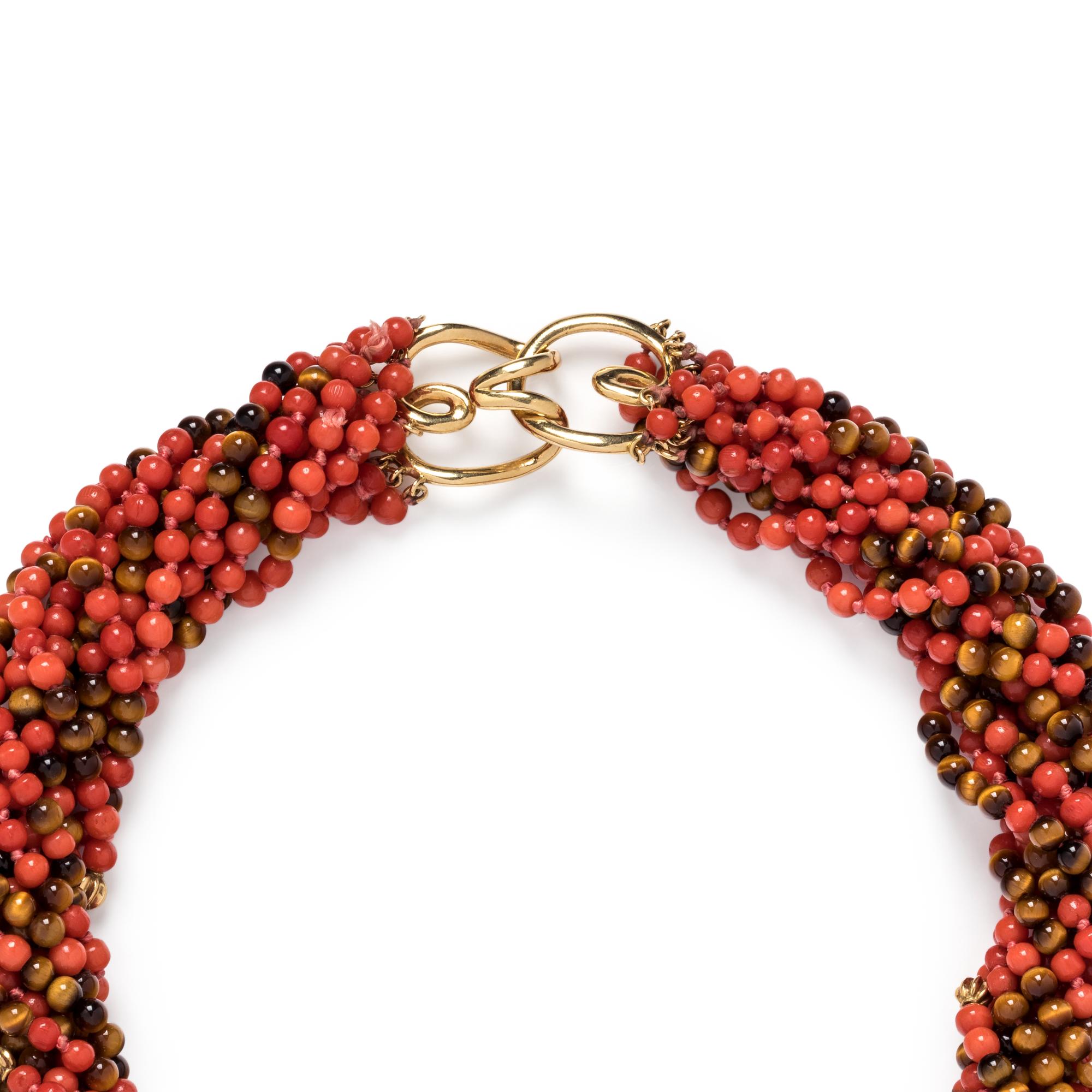 CORAL AND TIGER'S EYE TORSADE NECKLACE