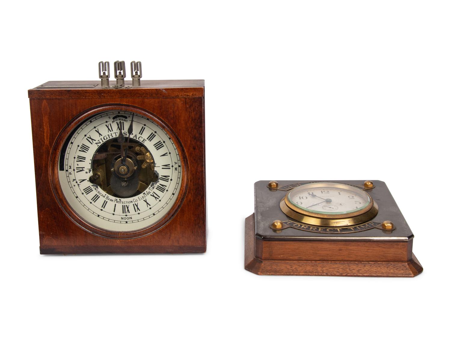 An American Bank Protection Co. Electric Time Clock and a Waltham Correct Time Wall Clock
