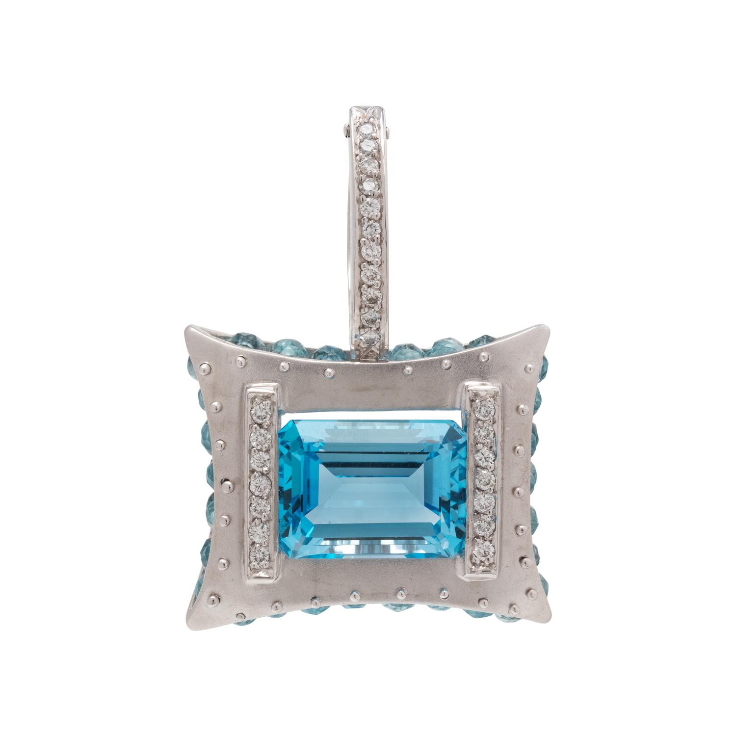 PLATINUM, BLUE TOPAZ AND DIAMOND PENDANT