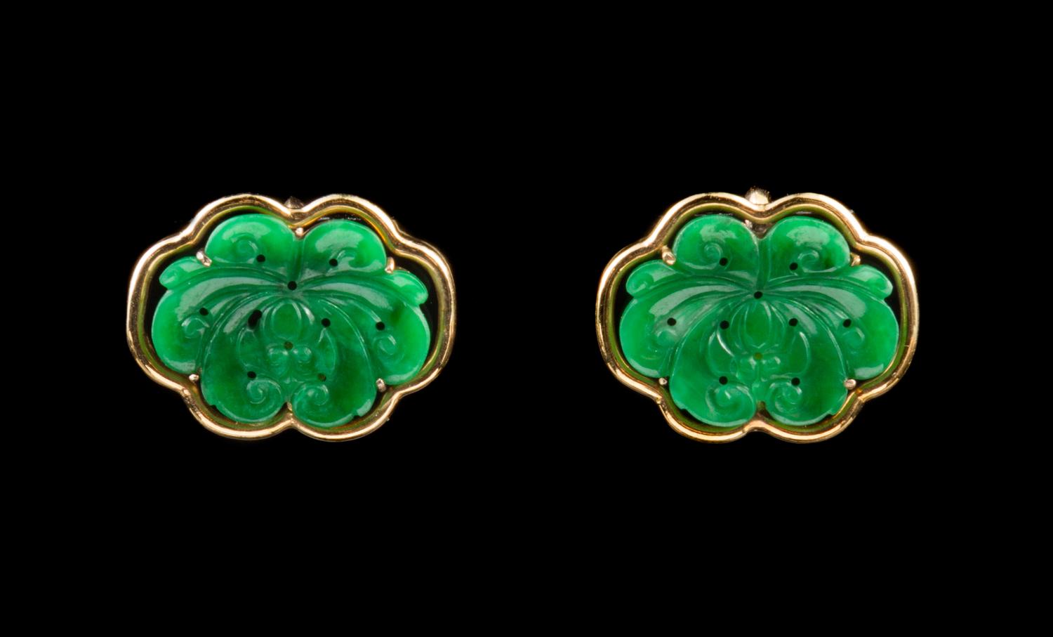 A Pair of Chinese 14 Karat Gold and Jadeite Earrings Length 7/8 inches.