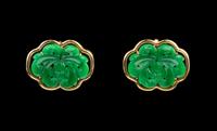 A Pair of Chinese 14 Karat Gold and Jadeite Earrings Length 7/8 inches.