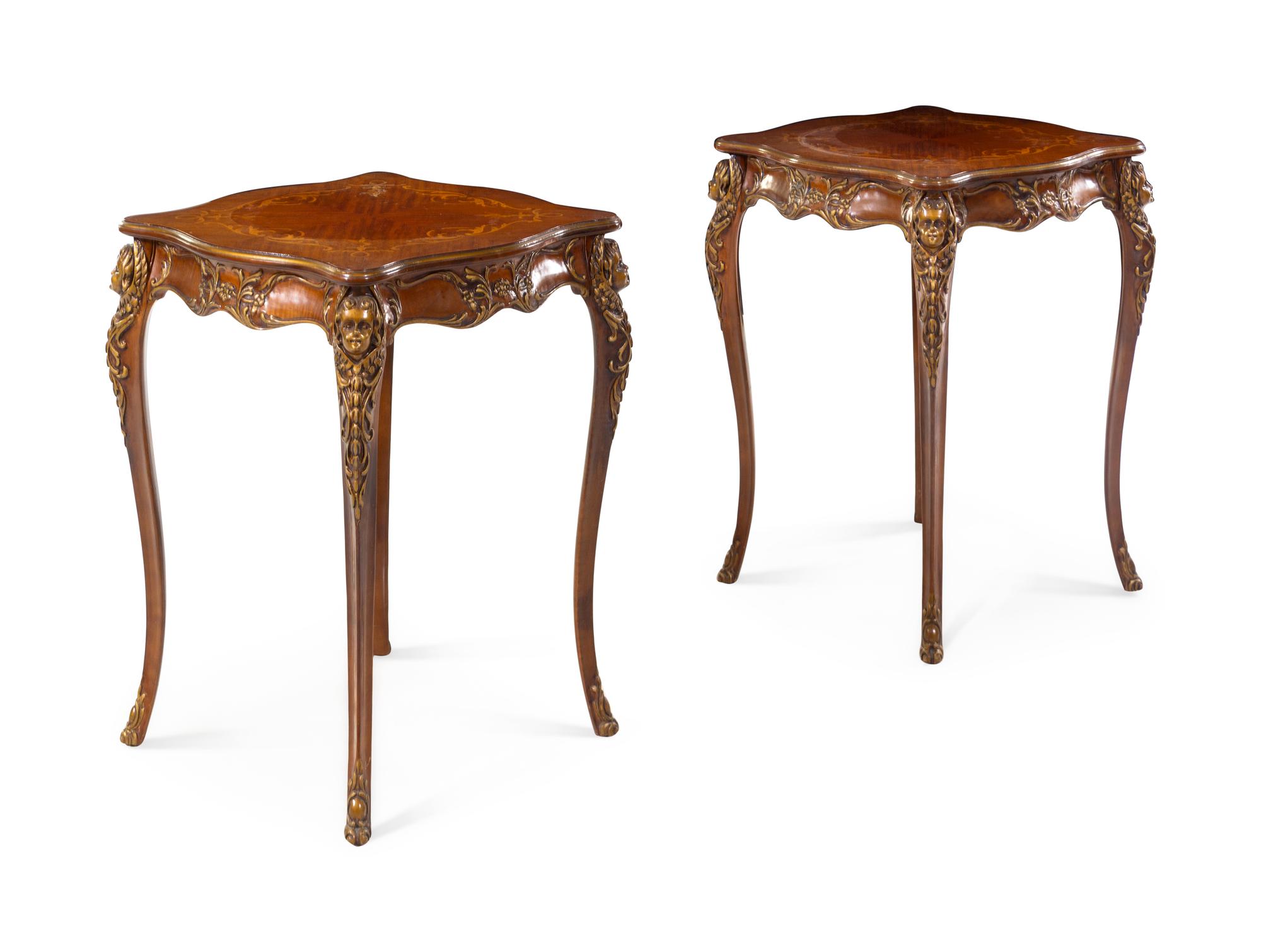 A Pair of Louis XV Style Carved Walnut and Marquetry Side Tables
