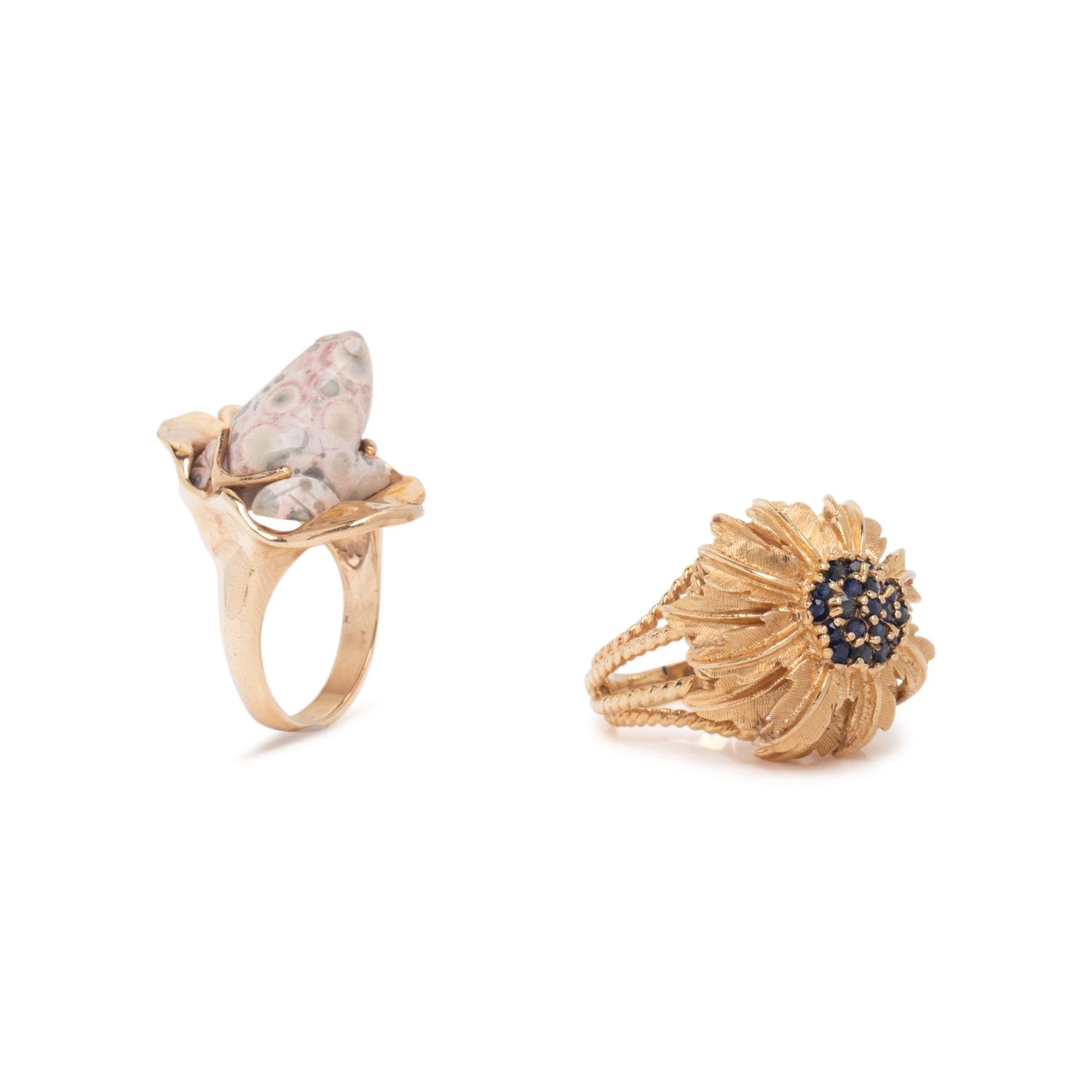 COLLECTION OF YELLOW GOLD AND MULTIGEM GARDEN THEMED JEWELRY