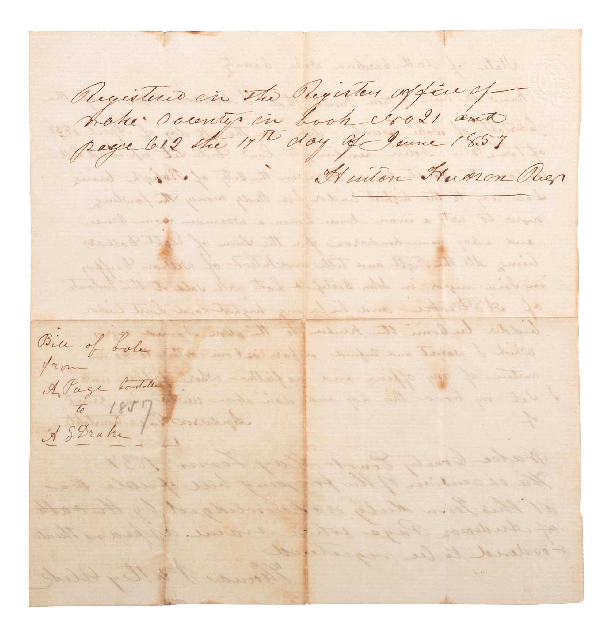 [SLAVERY & ABOLITION]. Manuscript bill of sale for enslaved African Americans "Lonon, "Grase," and "Henderson," auctioned at the courthouse in the city of Raleigh. Wake County, NC, 15 April 1838.