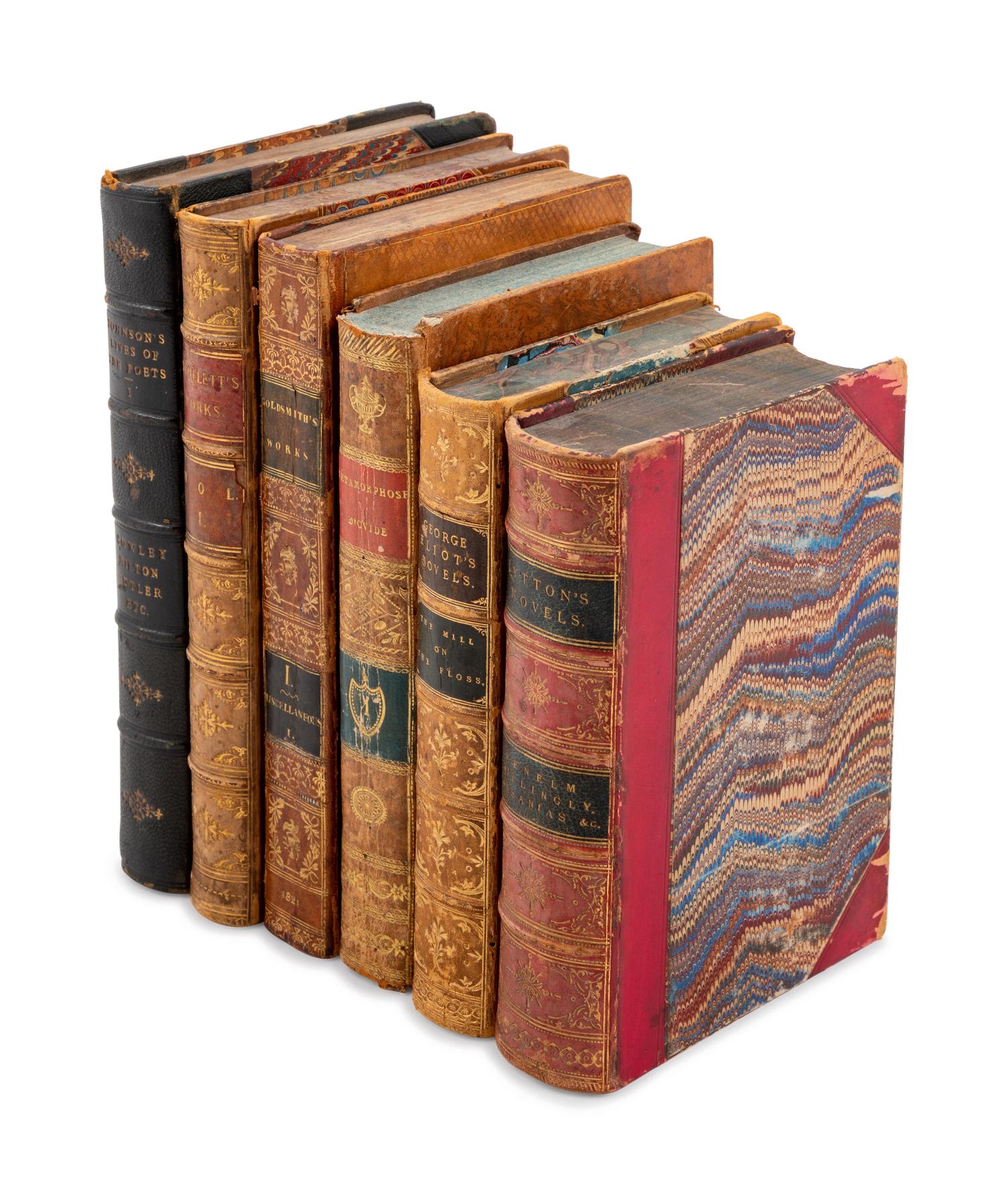 [LEATHER BINDINGS]. A group of 8 works in 33 volumes in 19th and 20th-century tan leather bindings, including: