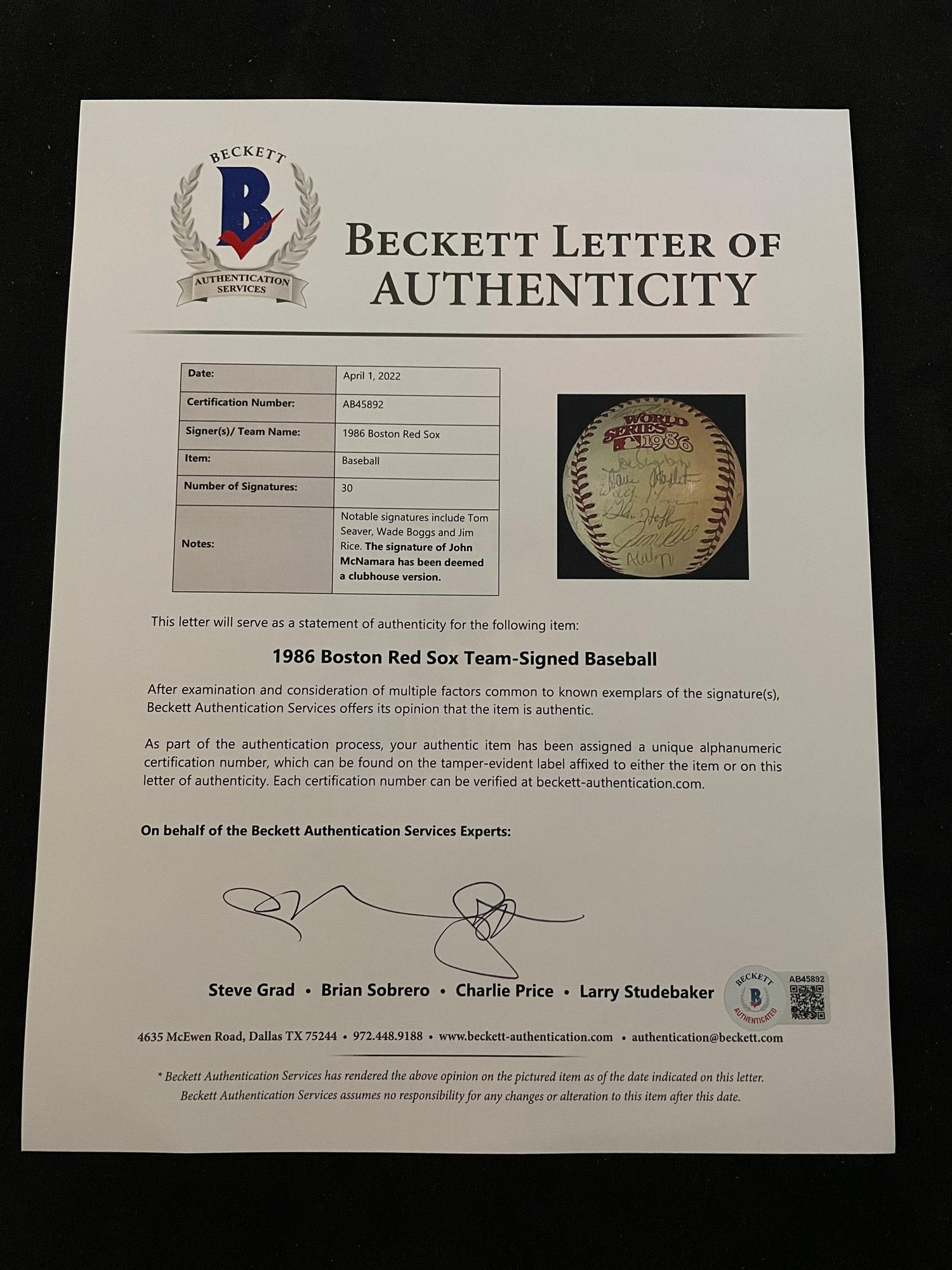 A 1986 Boston Red Sox American League Champions Team Signed Autograph Baseball with 30 Signatures (Beckett Authentication Services Letter BAS Certified),