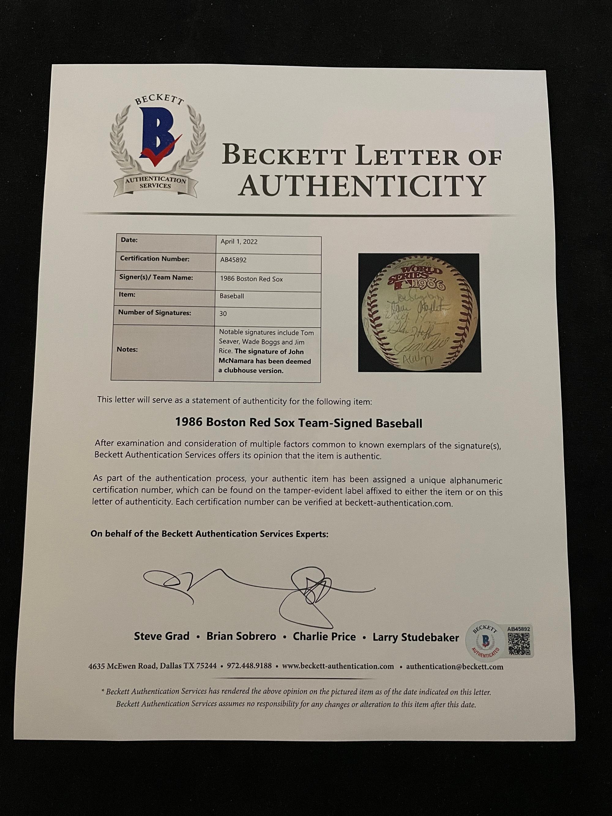 A 1986 Boston Red Sox American League Champions Team Signed Autograph Baseball with 30 Signatures (Beckett Authentication Services Letter BAS Certified),
