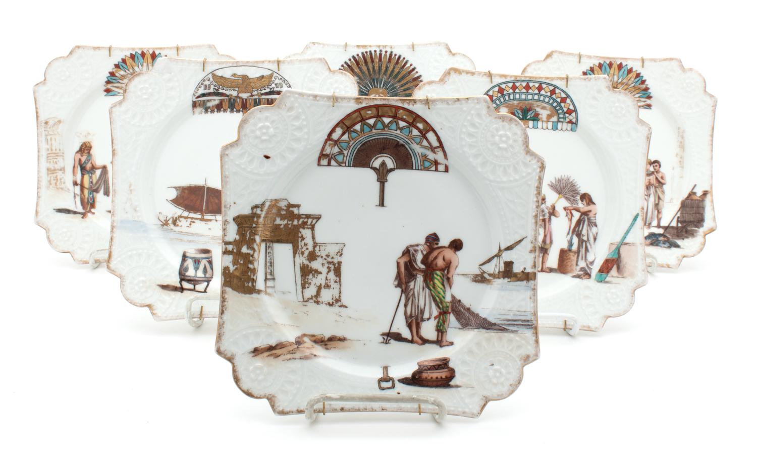 A Set of Six Haviland Limoges Egyptian Revival Dessert Plates, Diameter 8 inches.