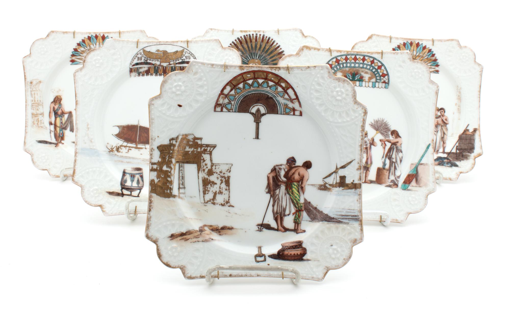 A Set of Six Haviland Limoges Egyptian Revival Dessert Plates, Diameter 8 inches.