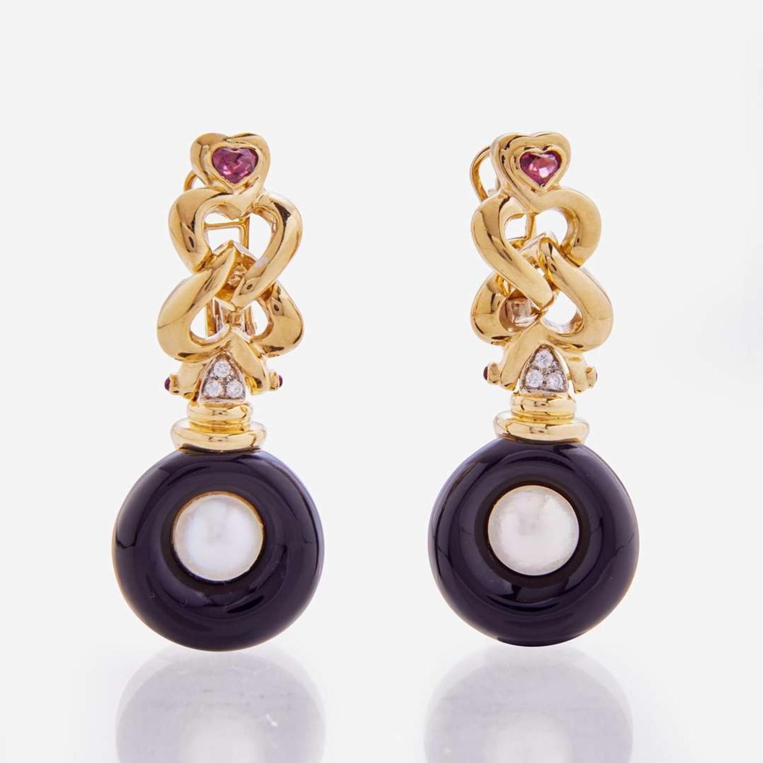 A Pair of Black Onyx, Pearl, and Tourmaline Angiolino & Zogno Earrings