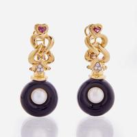 A Pair of Black Onyx, Pearl, and Tourmaline Angiolino & Zogno Earrings