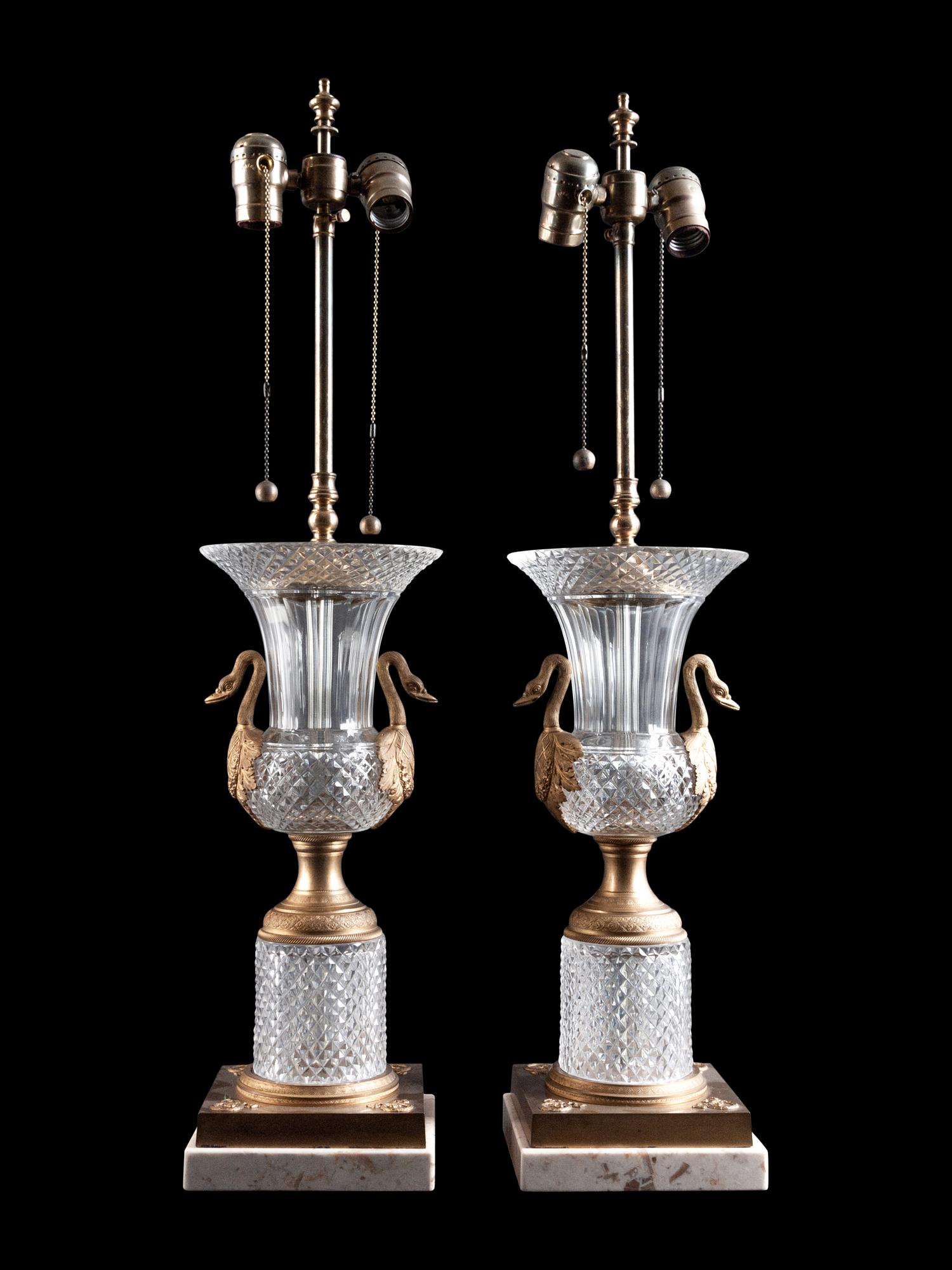 A Pair of Empire Style Gilt Metal Mounted Cut Glass Urns Mounted as Lamps