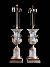 A Pair of Empire Style Gilt Metal Mounted Cut Glass Urns Mounted as Lamps