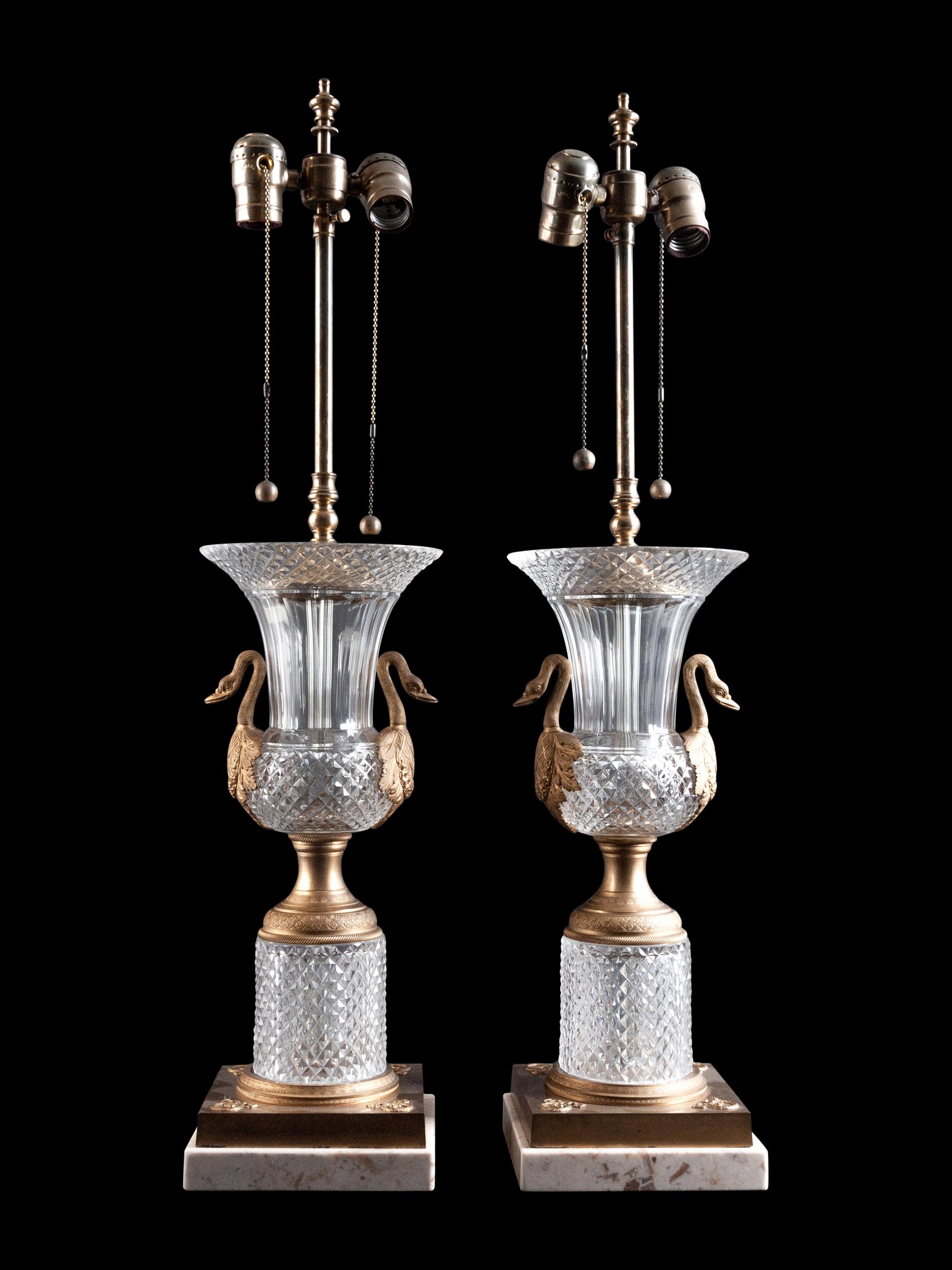 A Pair of Empire Style Gilt Metal Mounted Cut Glass Urns Mounted as Lamps