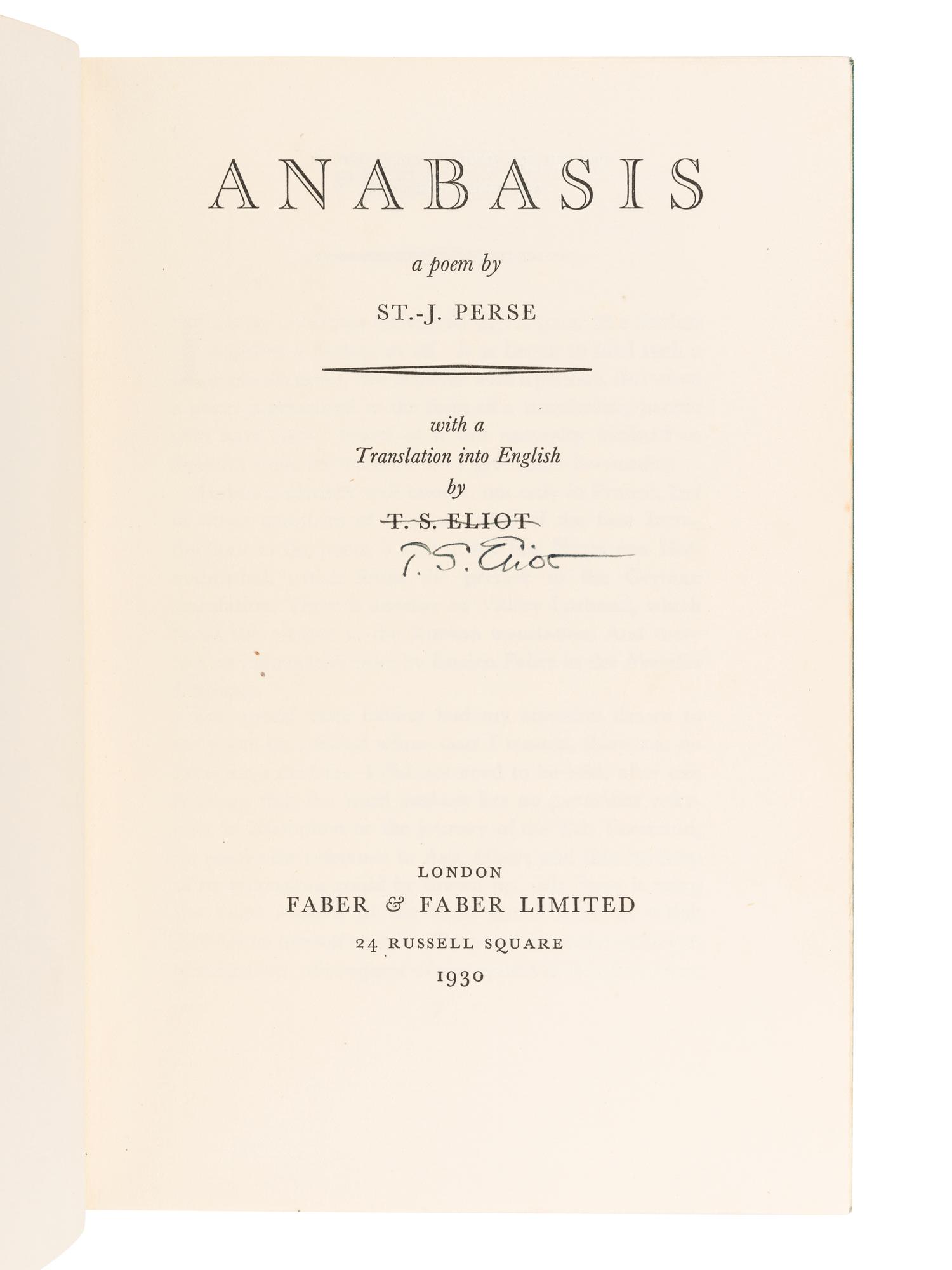 ELIOT, Thomas Stearns (1888-1965), translator. Anibasis a poem by St.-J. Perse . London: Faber & Faber Limited, 1930 [but 1937].