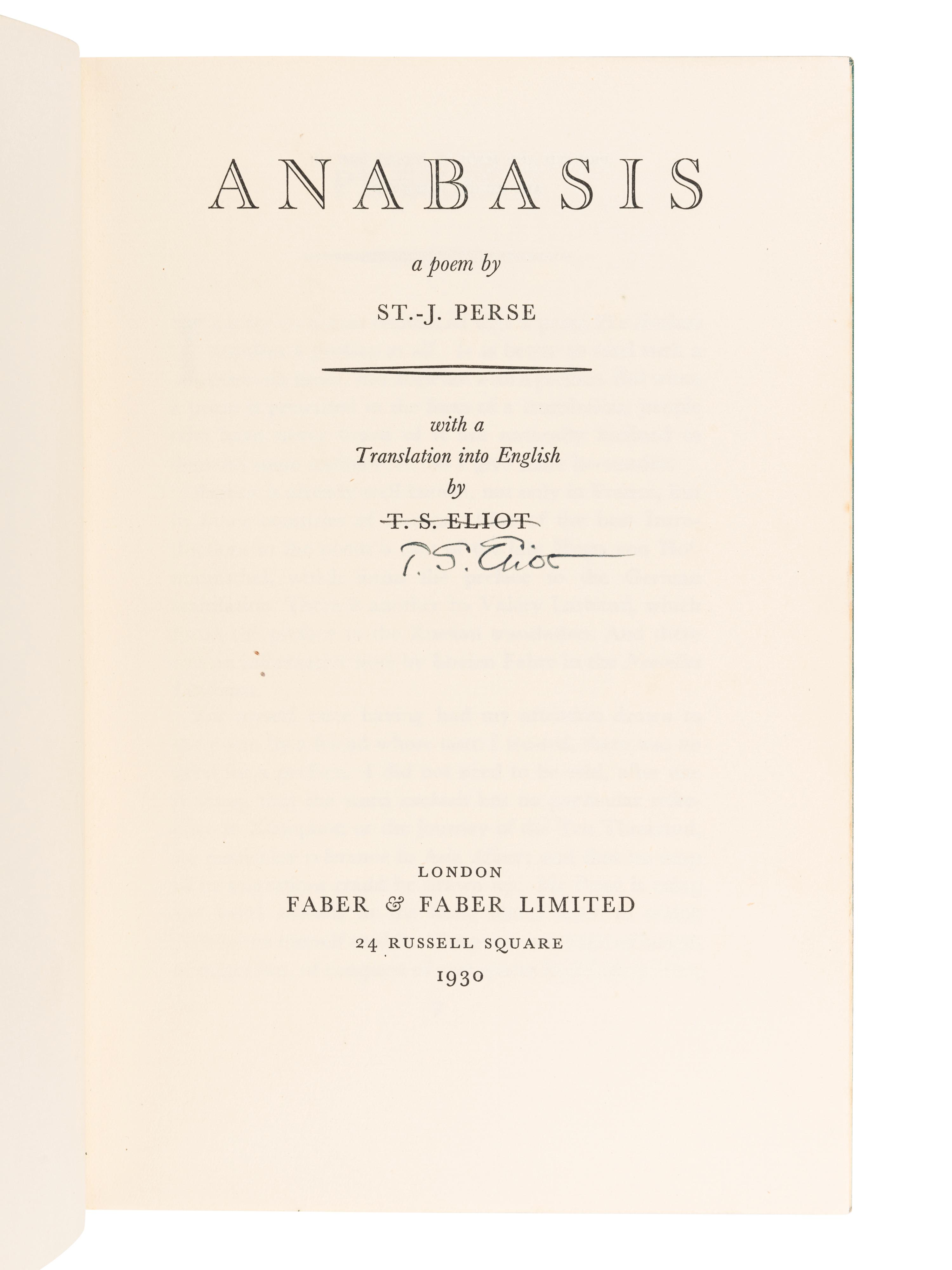 ELIOT, Thomas Stearns (1888-1965), translator. Anibasis a poem by St.-J. Perse . London: Faber & Faber Limited, 1930 [but 1937].