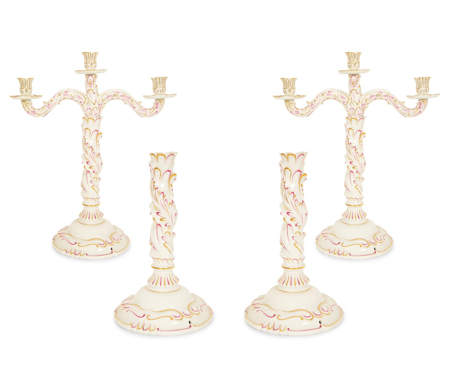 A Pair of Herend Porcelain Three-Light Candelabra and a Pair of Matching Candlesticks