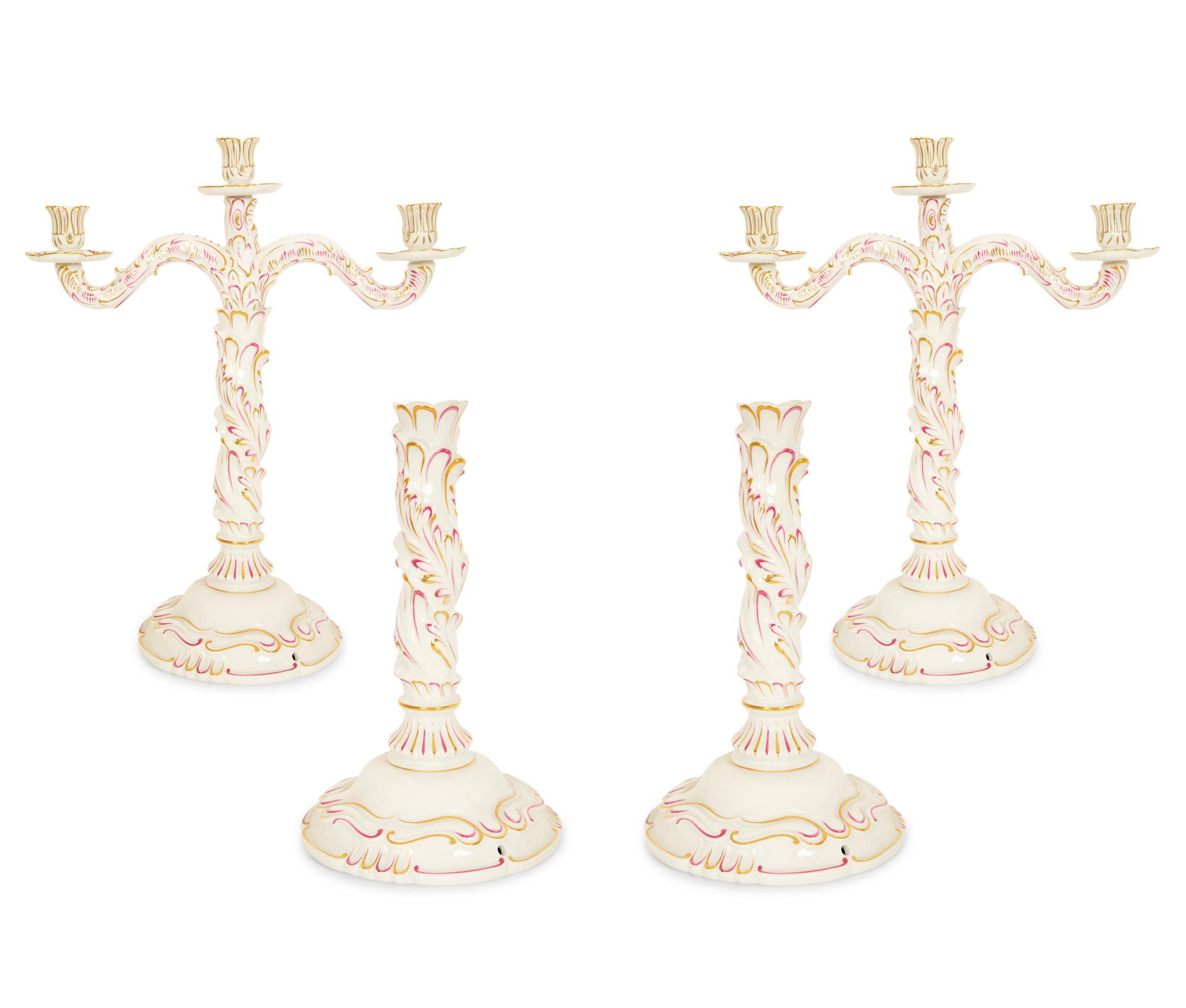 A Pair of Herend Porcelain Three-Light Candelabra and a Pair of Matching Candlesticks