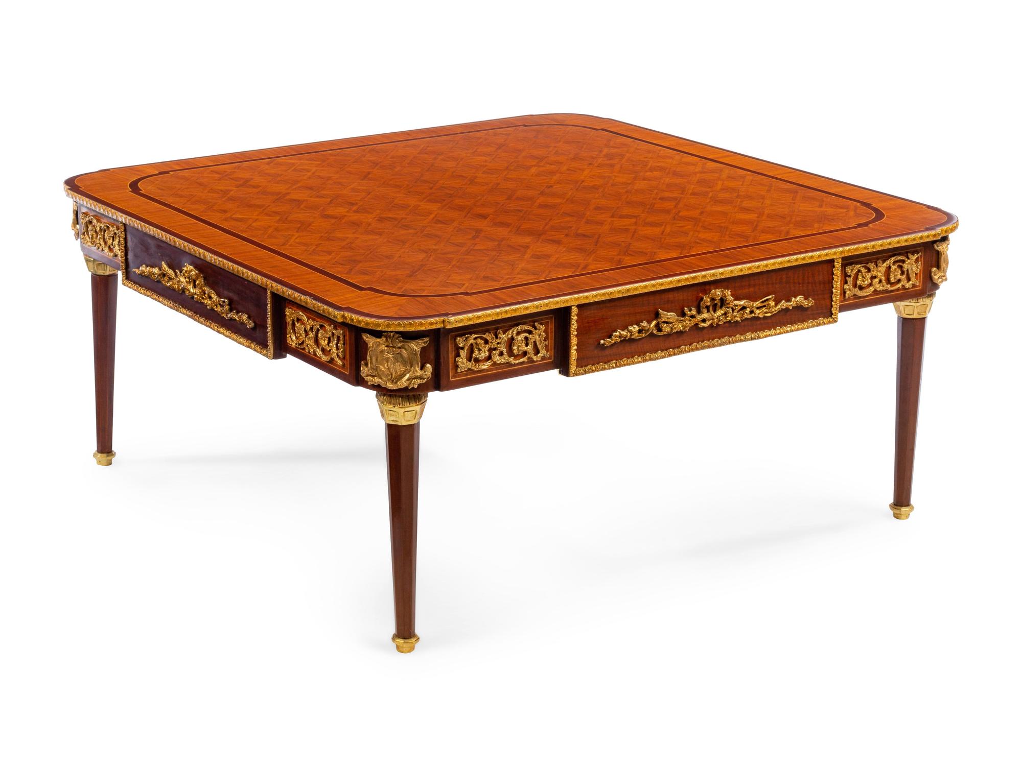 A Louis XVI Style Gilt Metal Mounted Parquetry Low Table