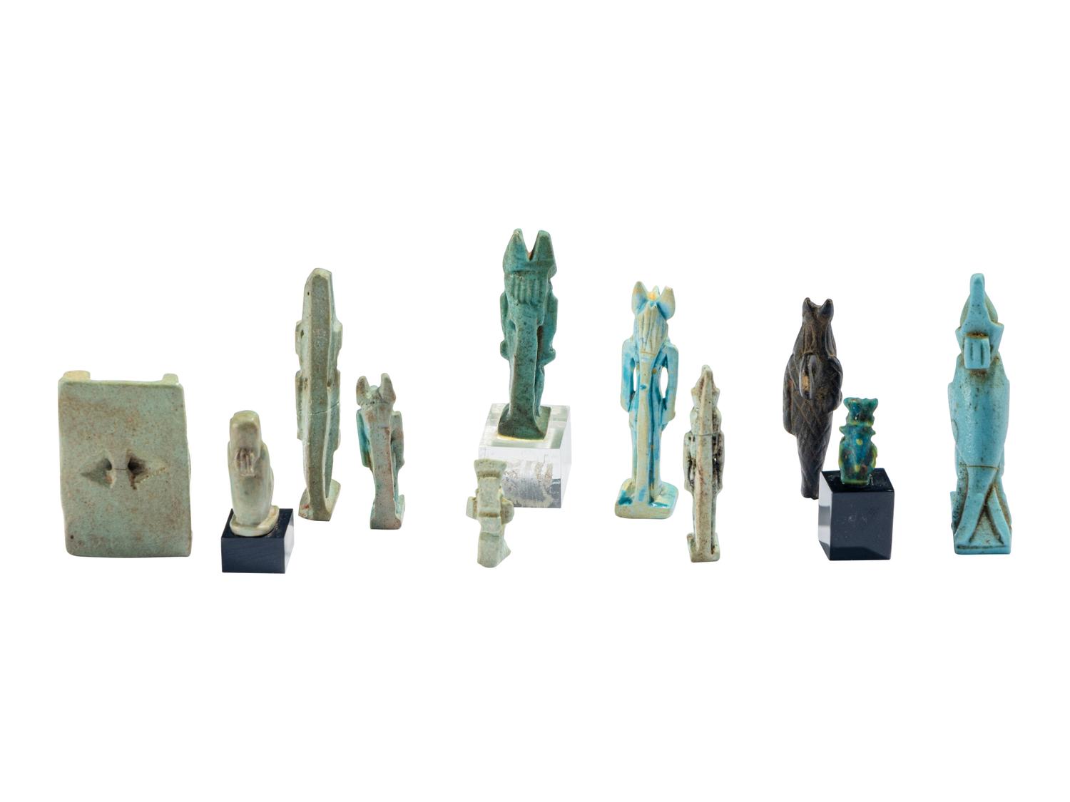 11 Egyptian Faience and Bronze Deity Amulets
