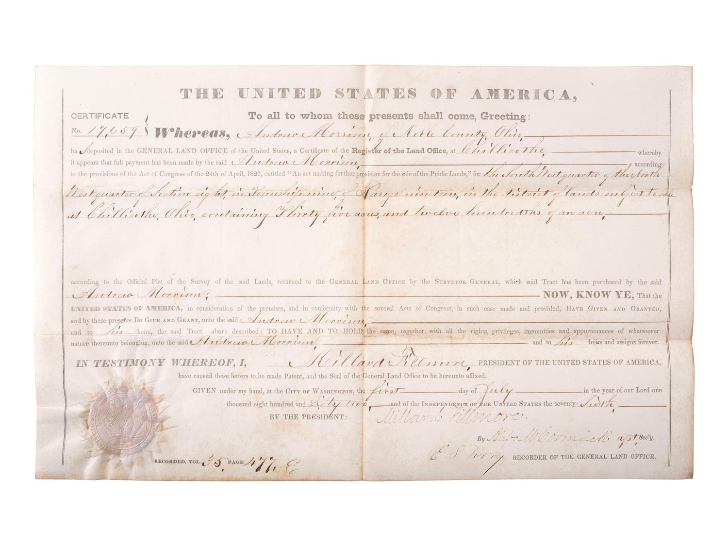 FILLMORE, Millard (1800-1874). Document secretarily signed ("Millard Fillmore"), as President. Washington, D.C., 1 July 1852.