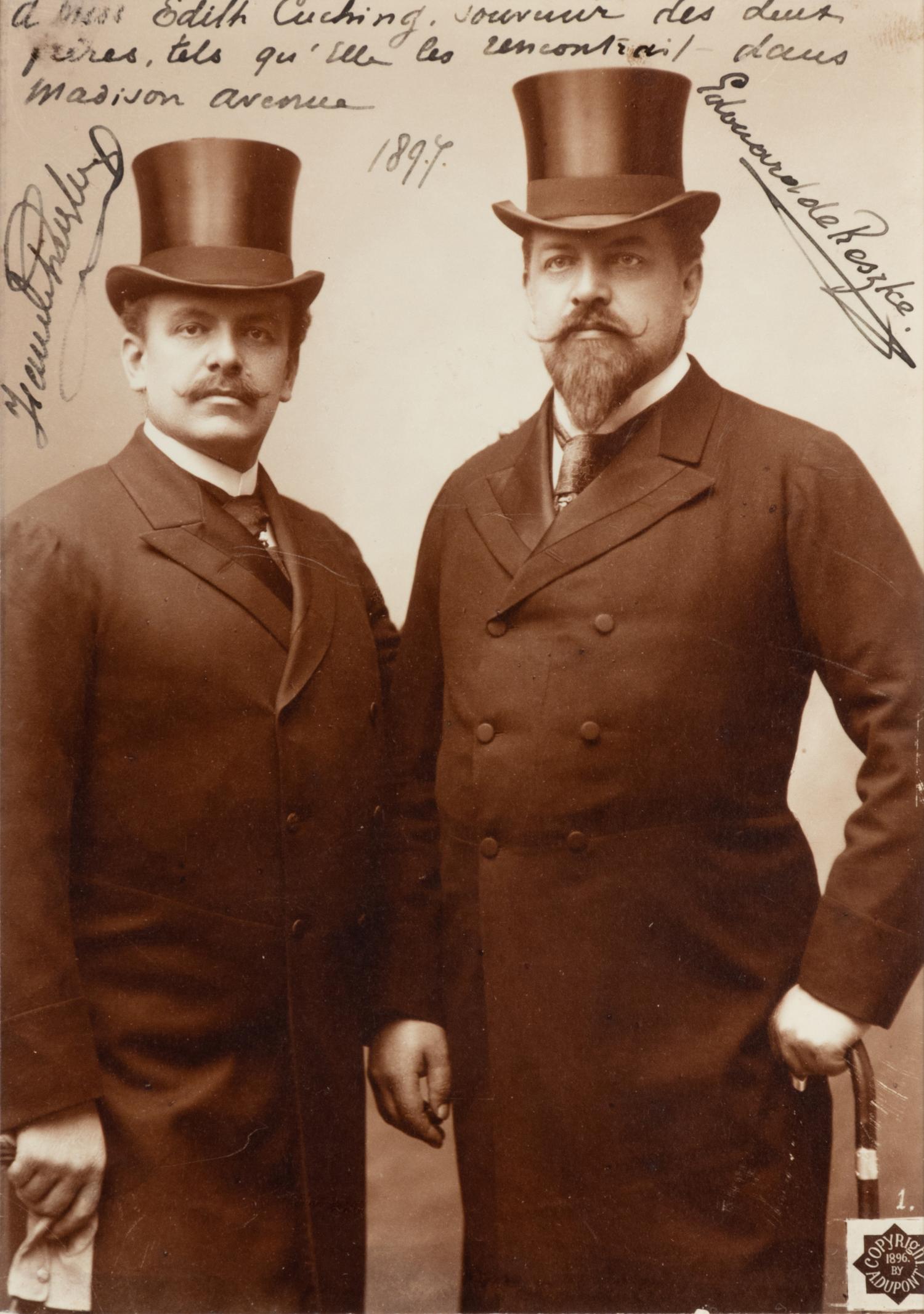 DE RESZKE, Edouard (1853-1917) -- DE RESZKE, Jean (1850-1935). Sepia photo, signed by both (“Jean de Reszke” and “Edouard de Reszke”) and additionally inscribed to Edith Cuching, 1897.