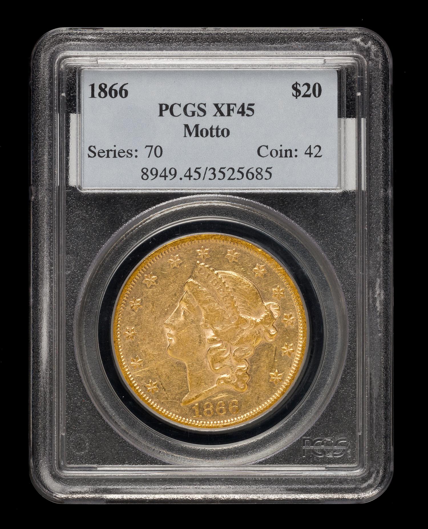 A United States 1866 Liberty Head: Motto $20 Gold Coin