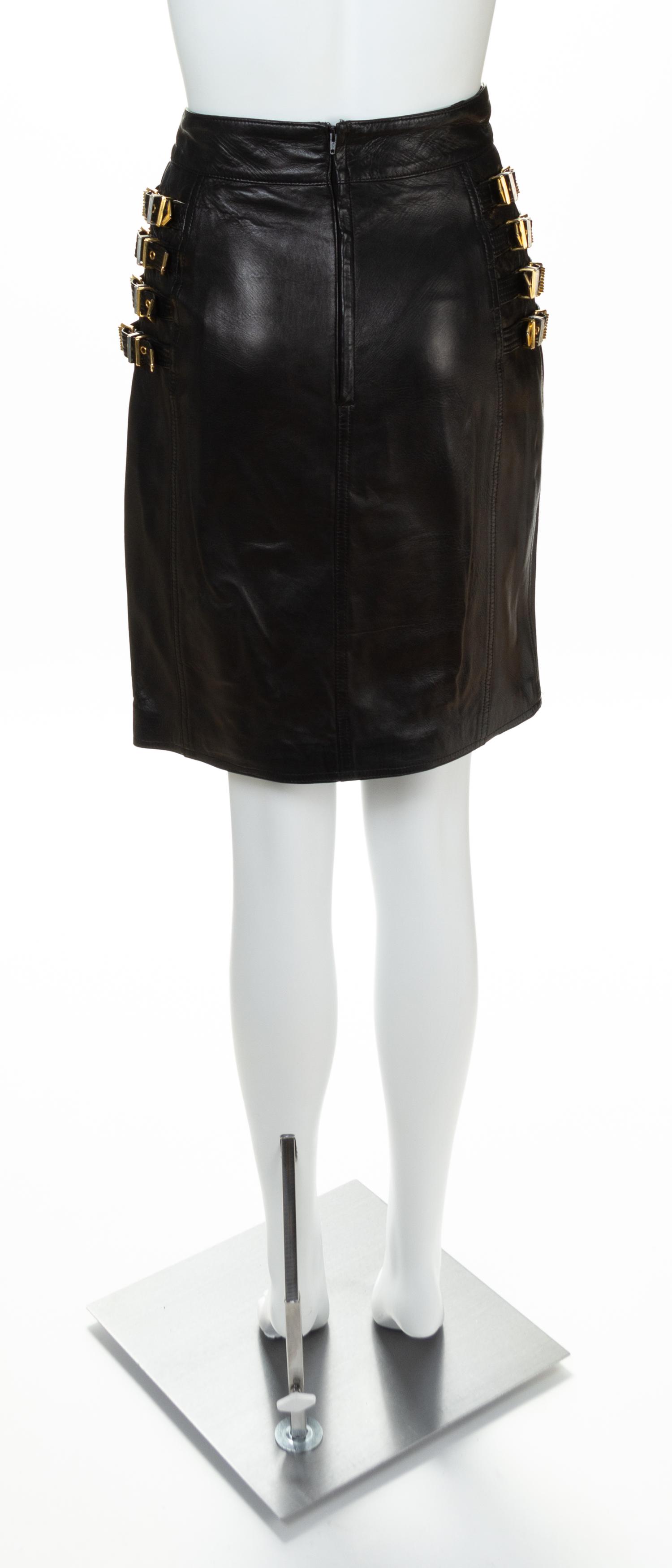 A Gianni Versace Black Leather Bondage Skirt, Size 42.