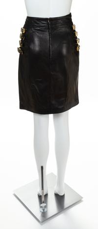 A Gianni Versace Black Leather Bondage Skirt, Size 42.